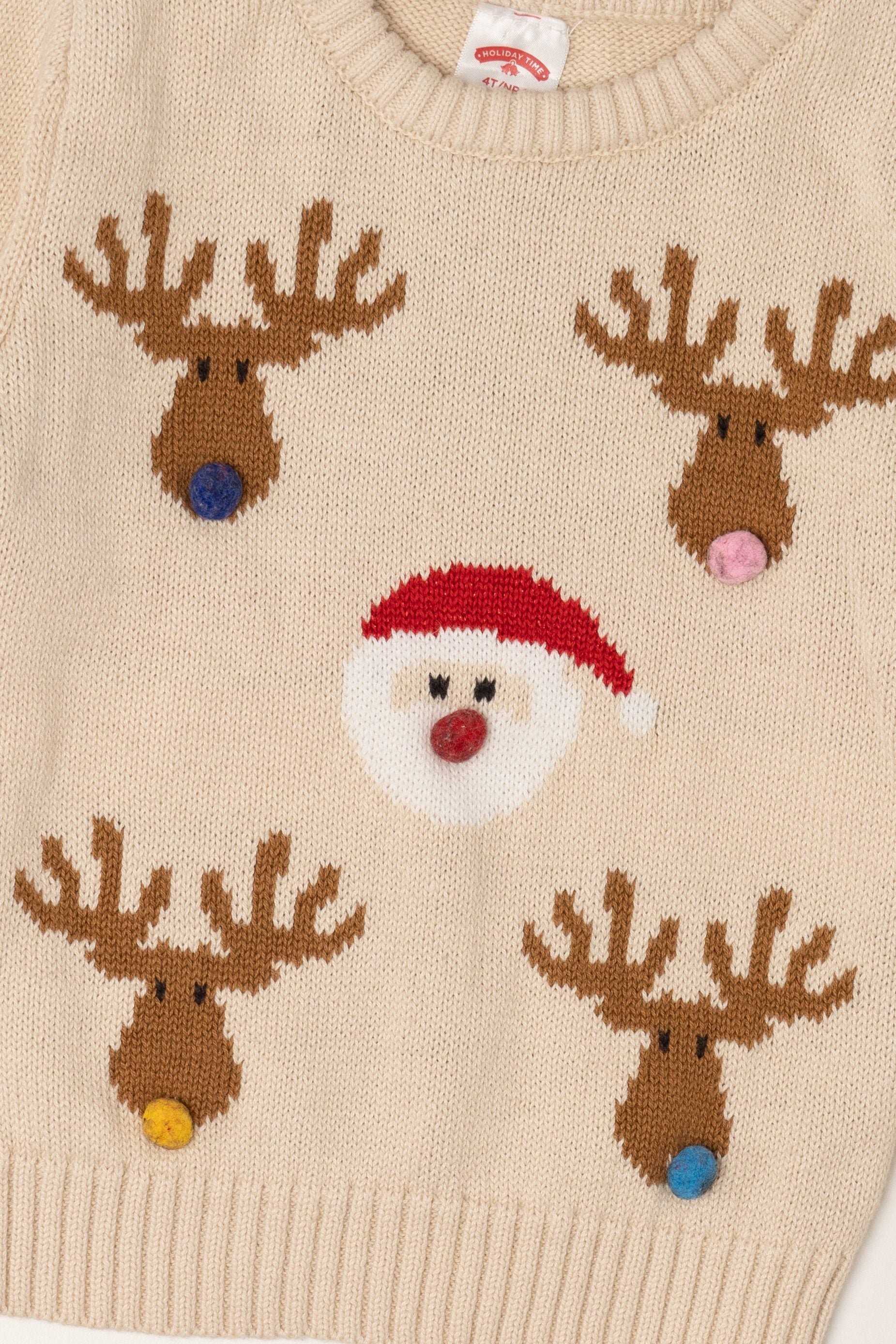 Kids Vintage Beige Holiday Time Santa And Reindeer Ugly Christmas Pullover (2000s)