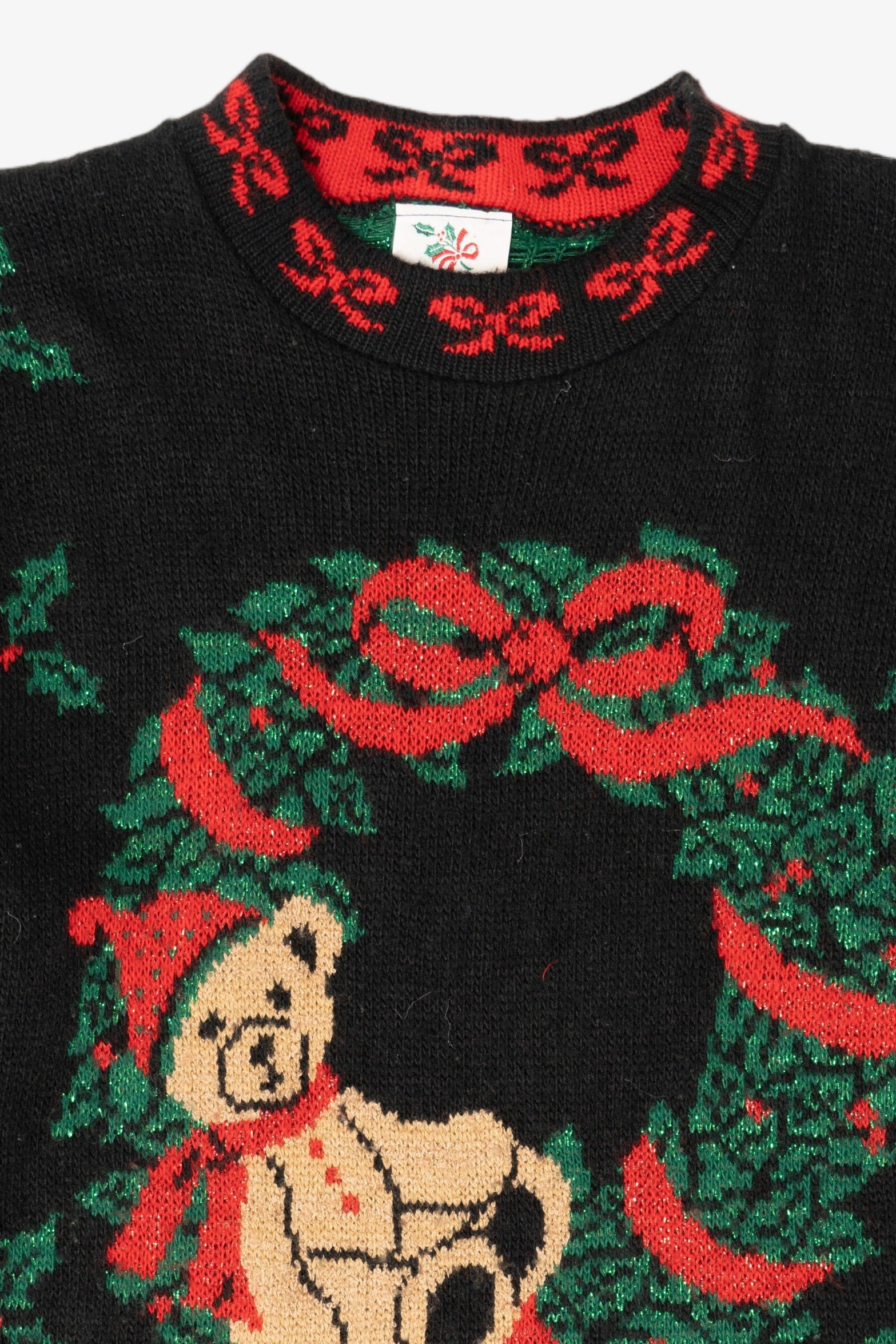 Vintage Black Nutcracker Teddy Bear Wreath Ugly Christmas Pullover (1990s)