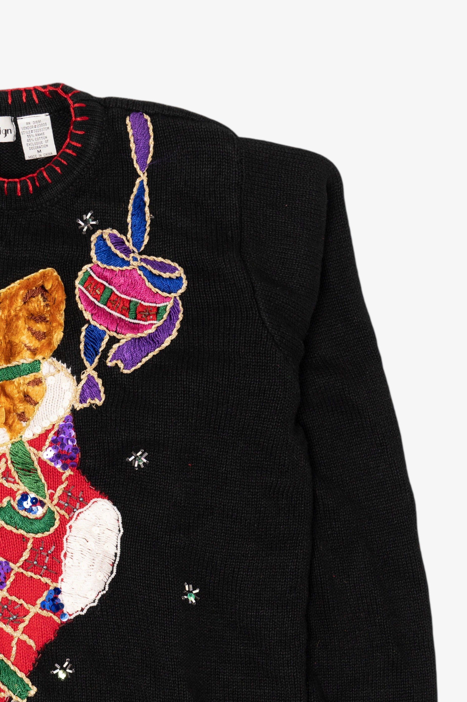 Vintage Black B.P Design Cat In Stocking Ugly Christmas Pullover (1990s)