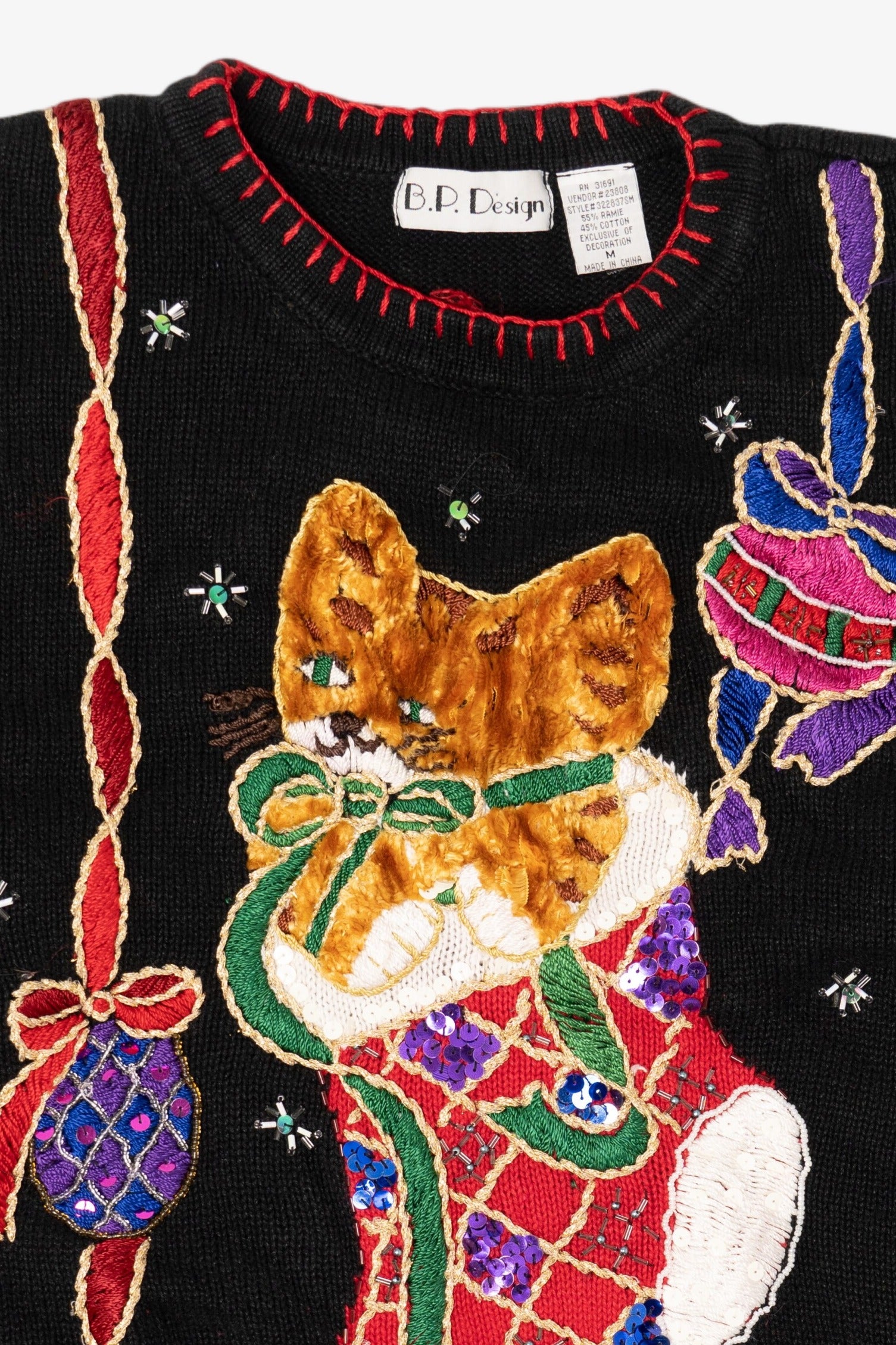 Vintage Black B.P Design Cat In Stocking Ugly Christmas Pullover (1990s)