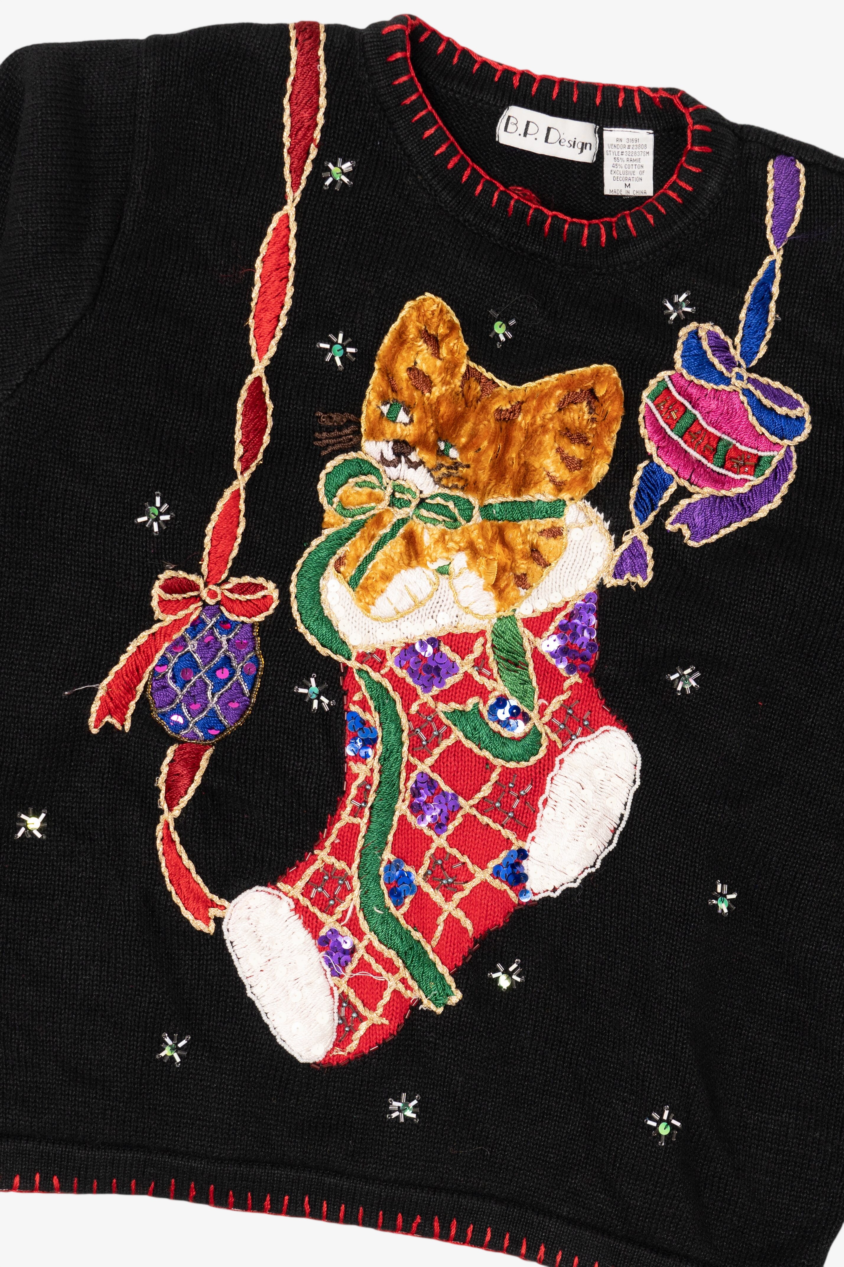 Vintage Black B.P Design Cat In Stocking Ugly Christmas Pullover (1990s)