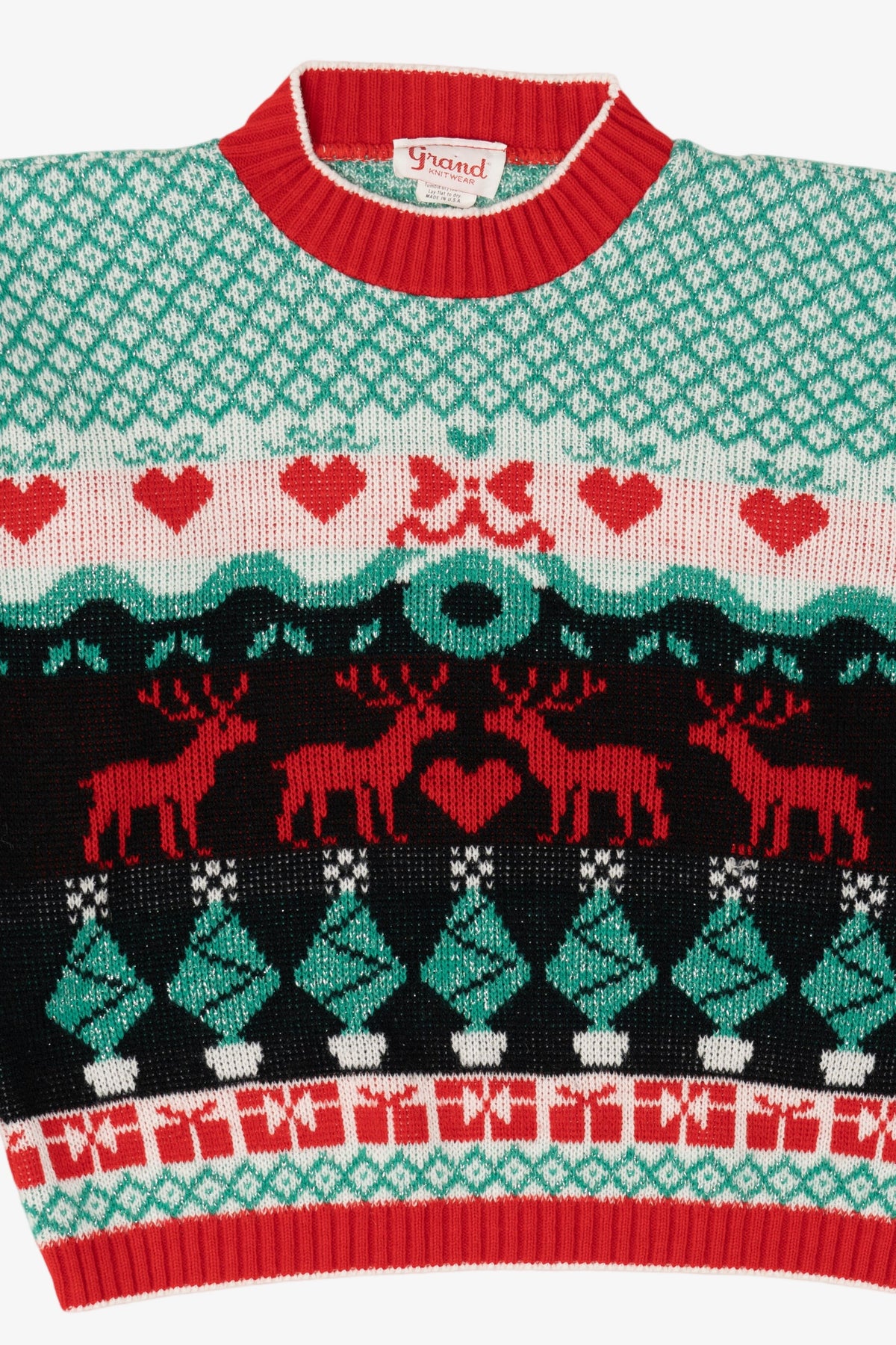 Vintage Aqua Grand Knitwear Reindeer Pattern Ugly Christmas Pullover (1980s)