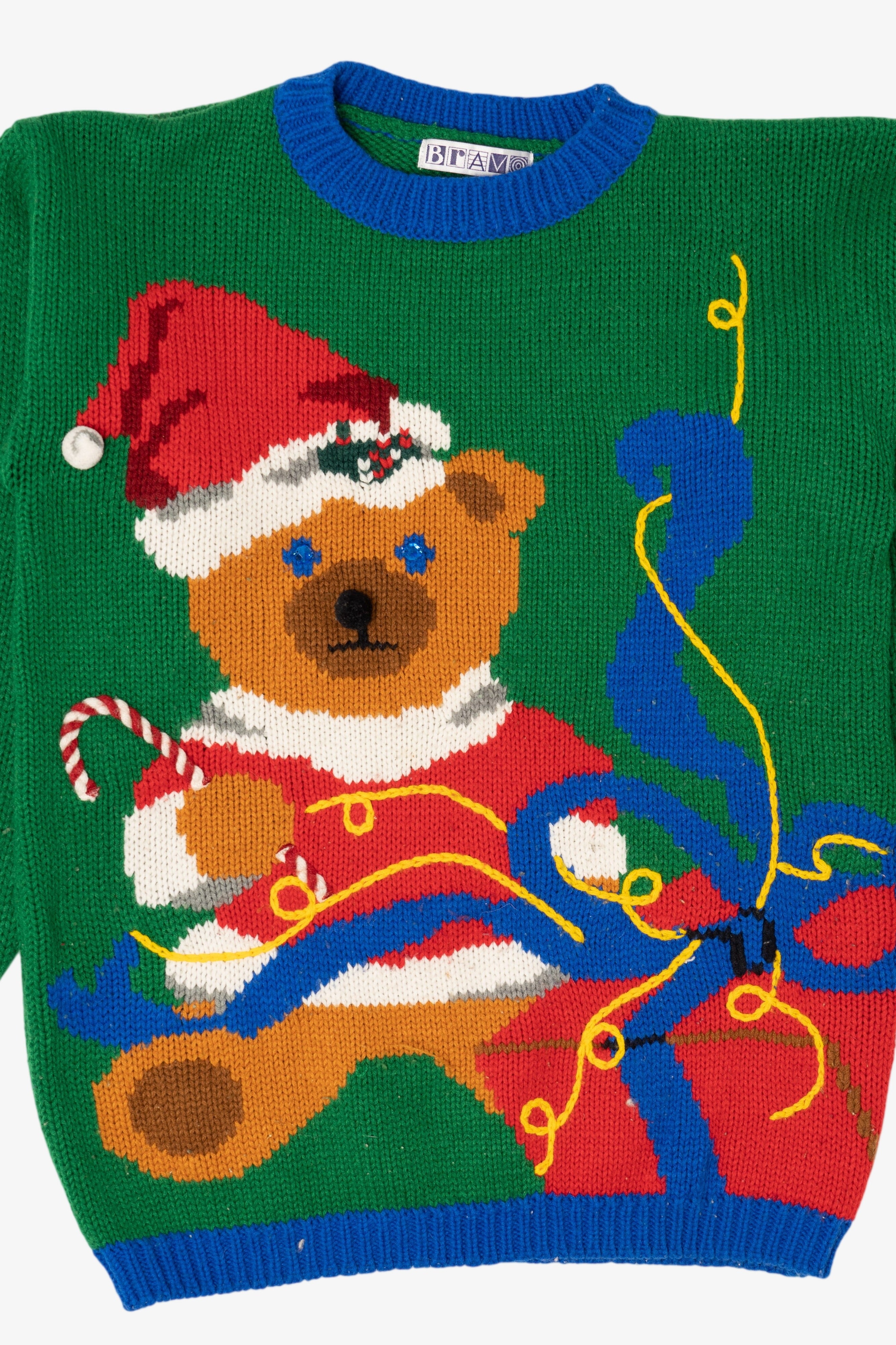 Vintage Green Bravo! Teddy Bear Ugly Christmas Pullover (1990s)
