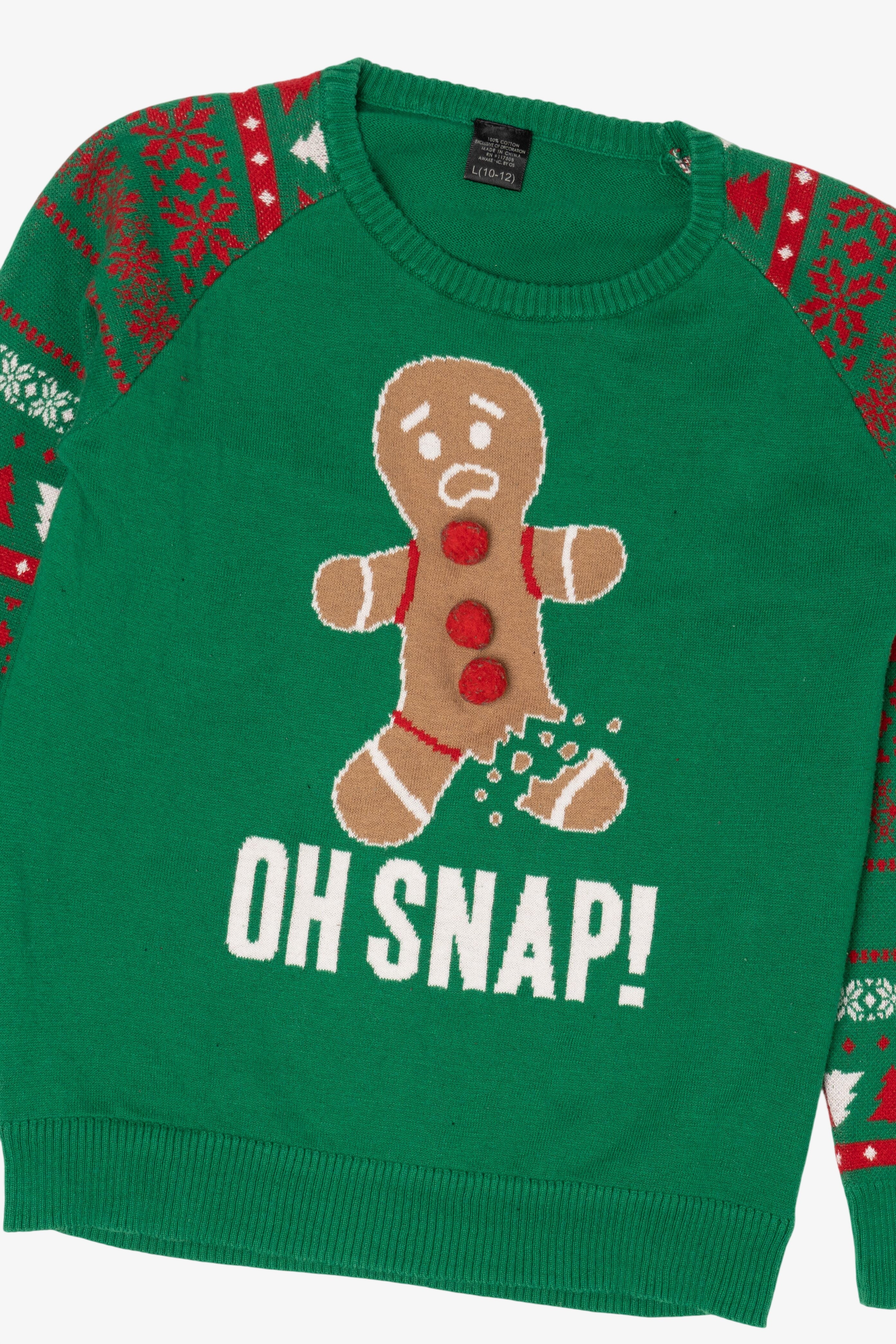 Kids Green "Oh Snap!" Funny Gingerbread Ugly Christmas Pullover (2010s)