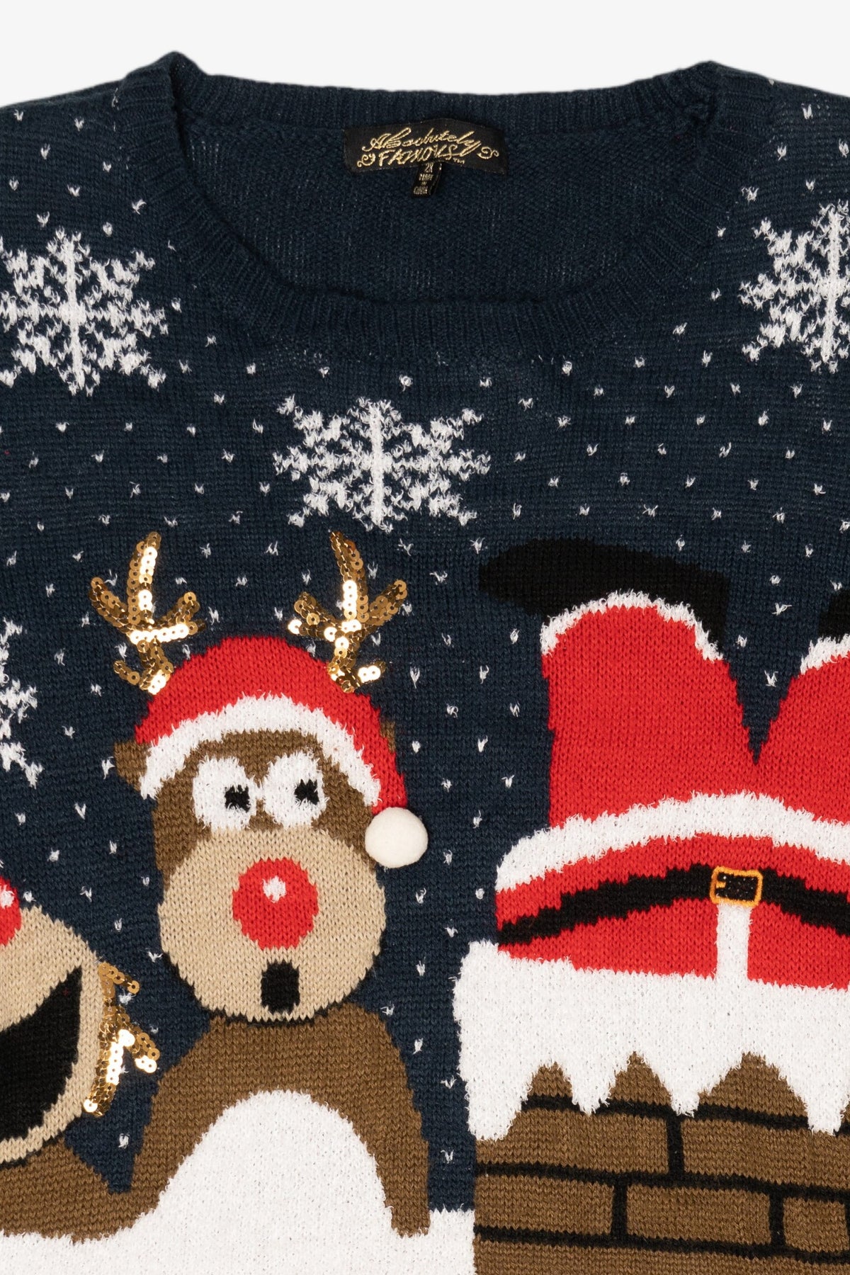 Navy Blue Reindeer Laughing At Santa Ugly Christmas Pullover (2010s)