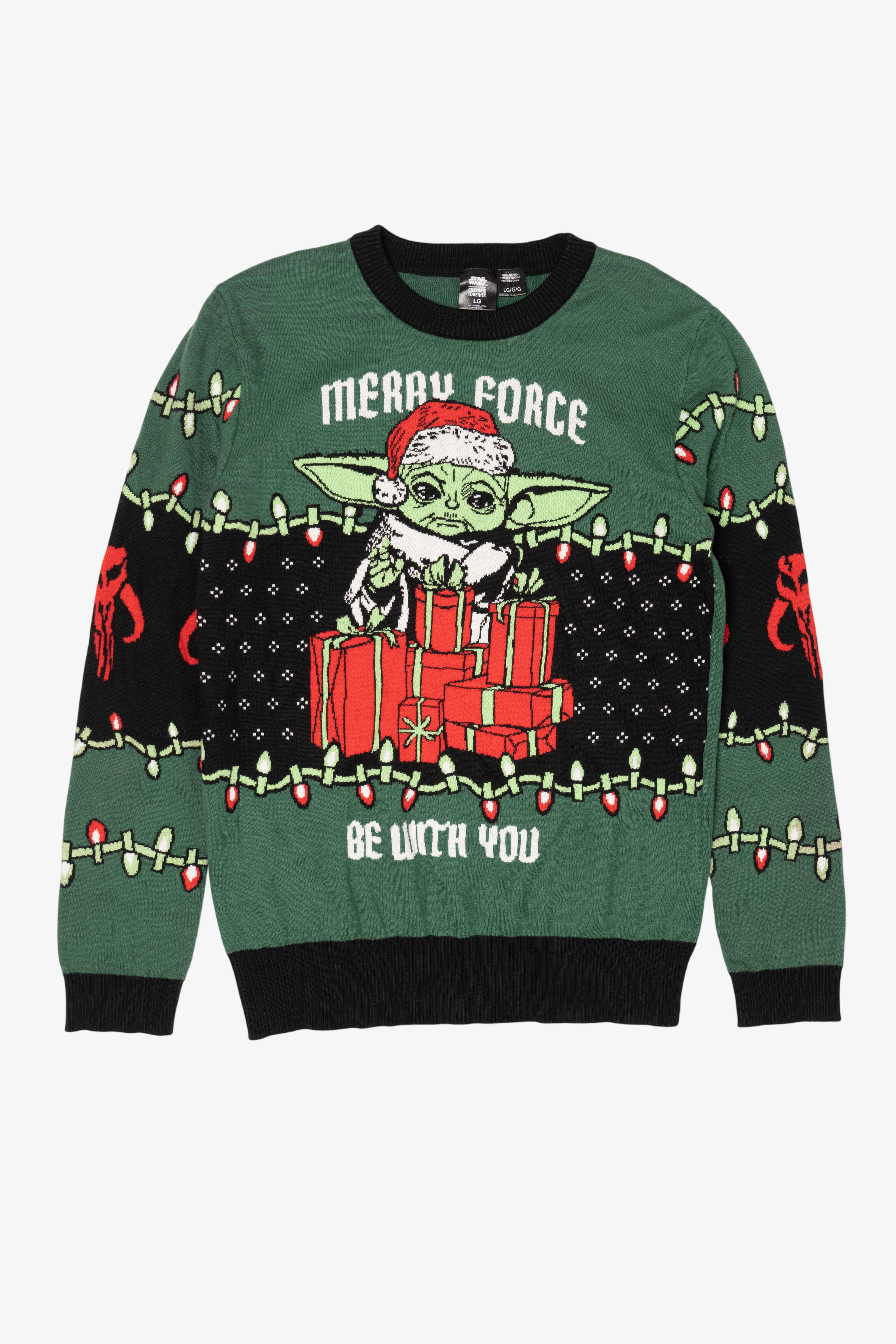 Dark Green Star Wars "Merry Force Be With You" Grogu Ugly Christmas Pullover (2020s)