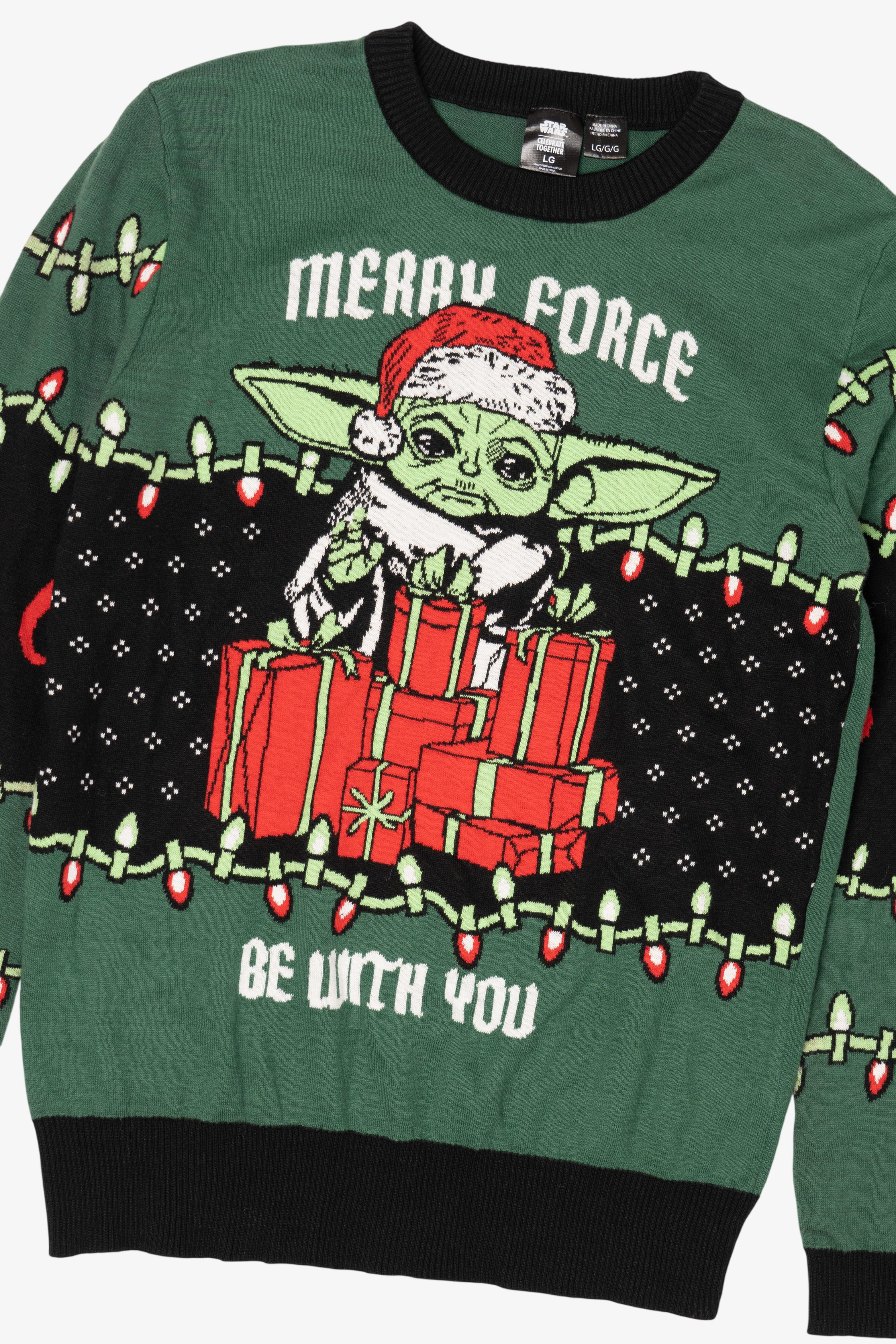 Dark Green Star Wars "Merry Force Be With You" Grogu Ugly Christmas Pullover (2020s)