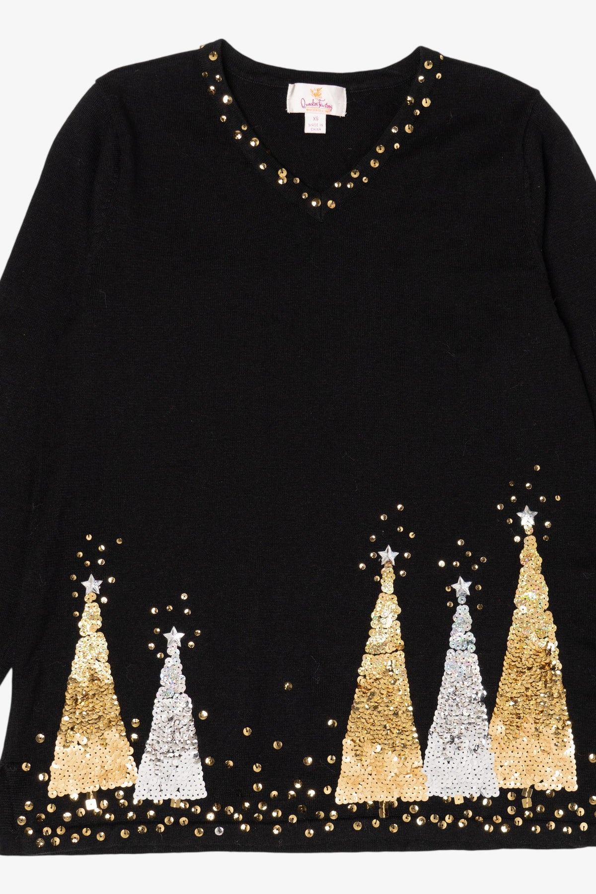 Vintage Black Quacker Factory Sequin Trees Ugly Christmas Pullover (2000s)