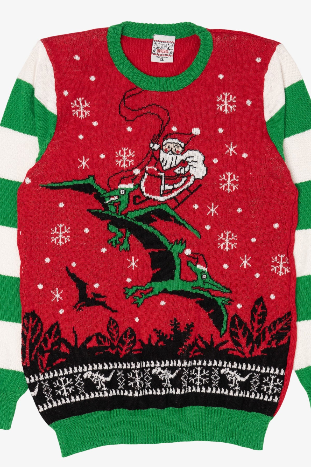 Red Santa On Dinosaur Sleigh Ugly Christmas Pullover (2010s)