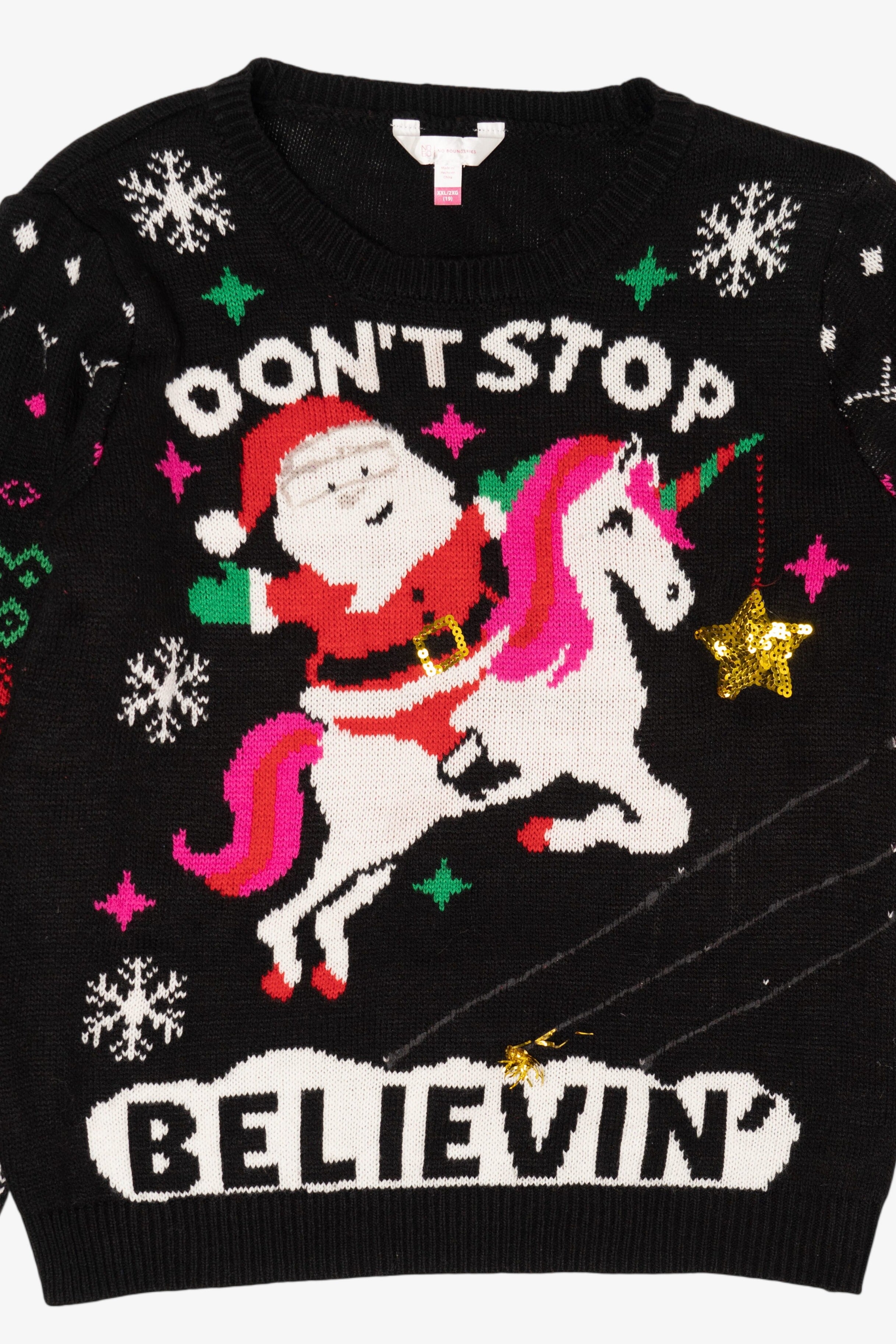 Santa On Unicorn "Don't Stop Believin'" Ugly Christmas Pullover (2010s)