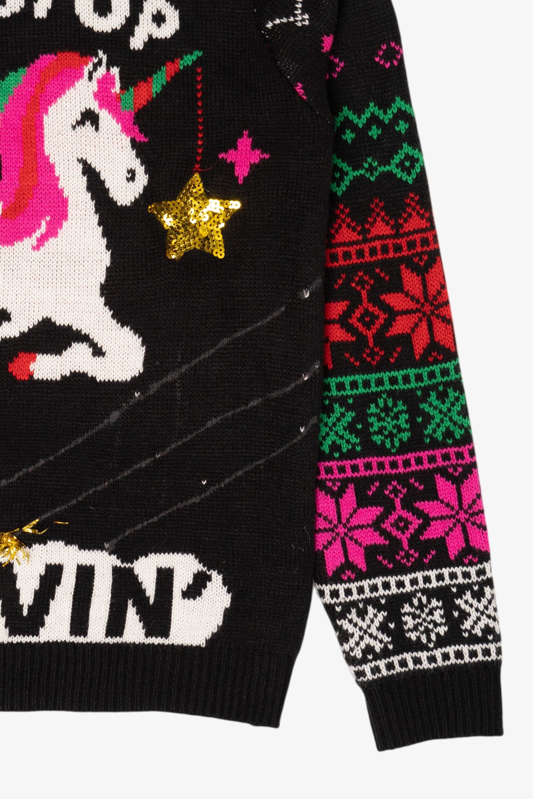 Santa On Unicorn "Don't Stop Believin'" Ugly Christmas Pullover (2010s)