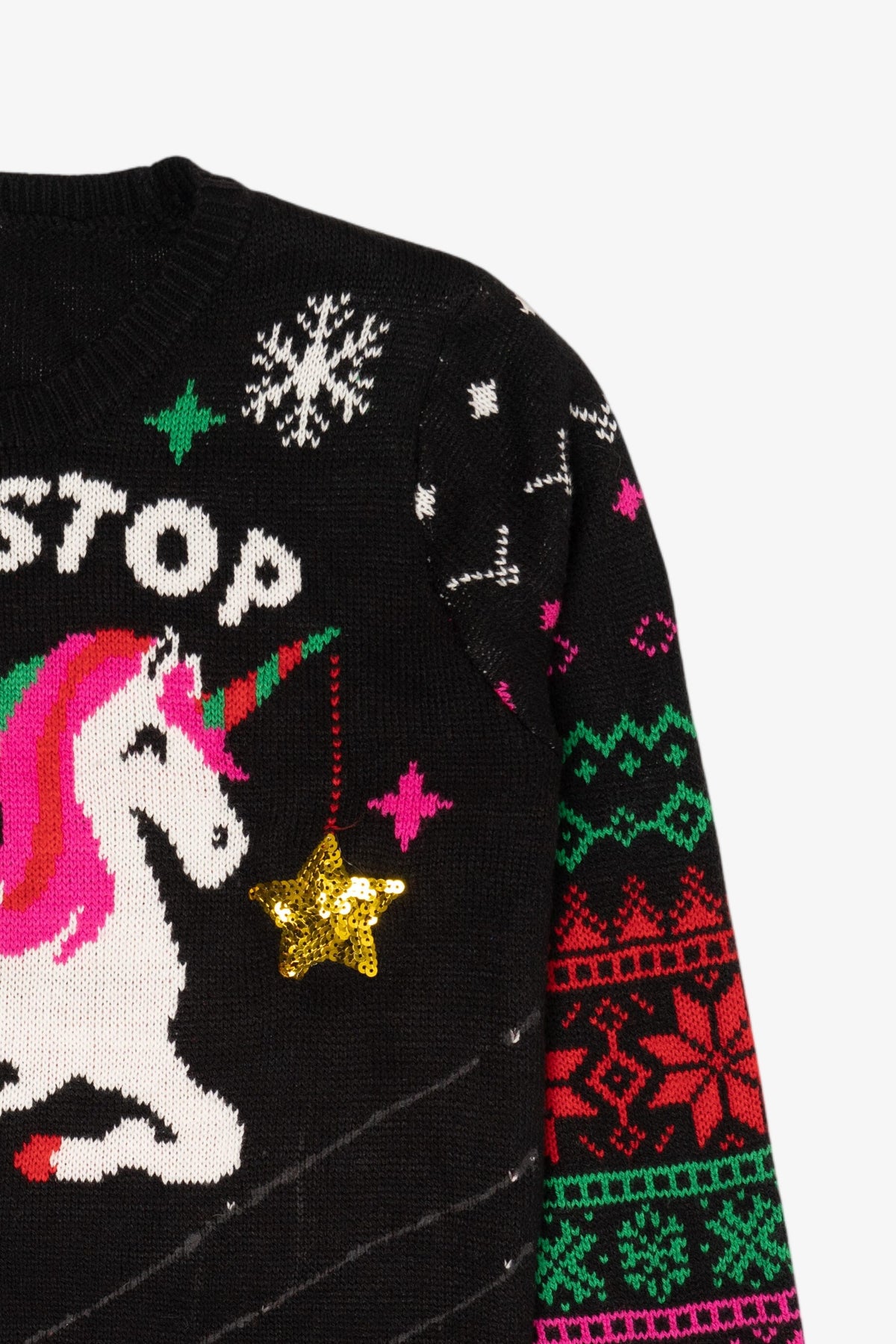 Santa On Unicorn "Don't Stop Believin'" Ugly Christmas Pullover (2010s)