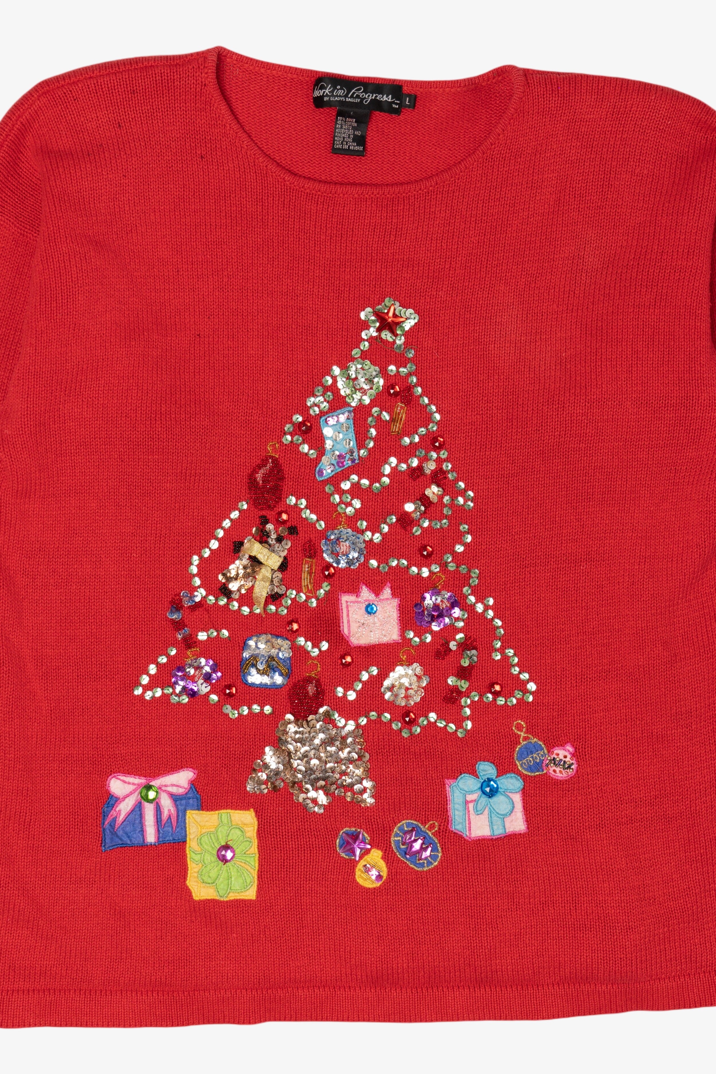 Vintage Red Work in Progress Tree Ugly Christmas Pullover (2000s)