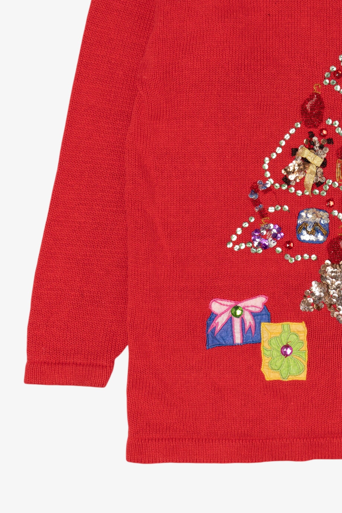 Vintage Red Work in Progress Tree Ugly Christmas Pullover (2000s)