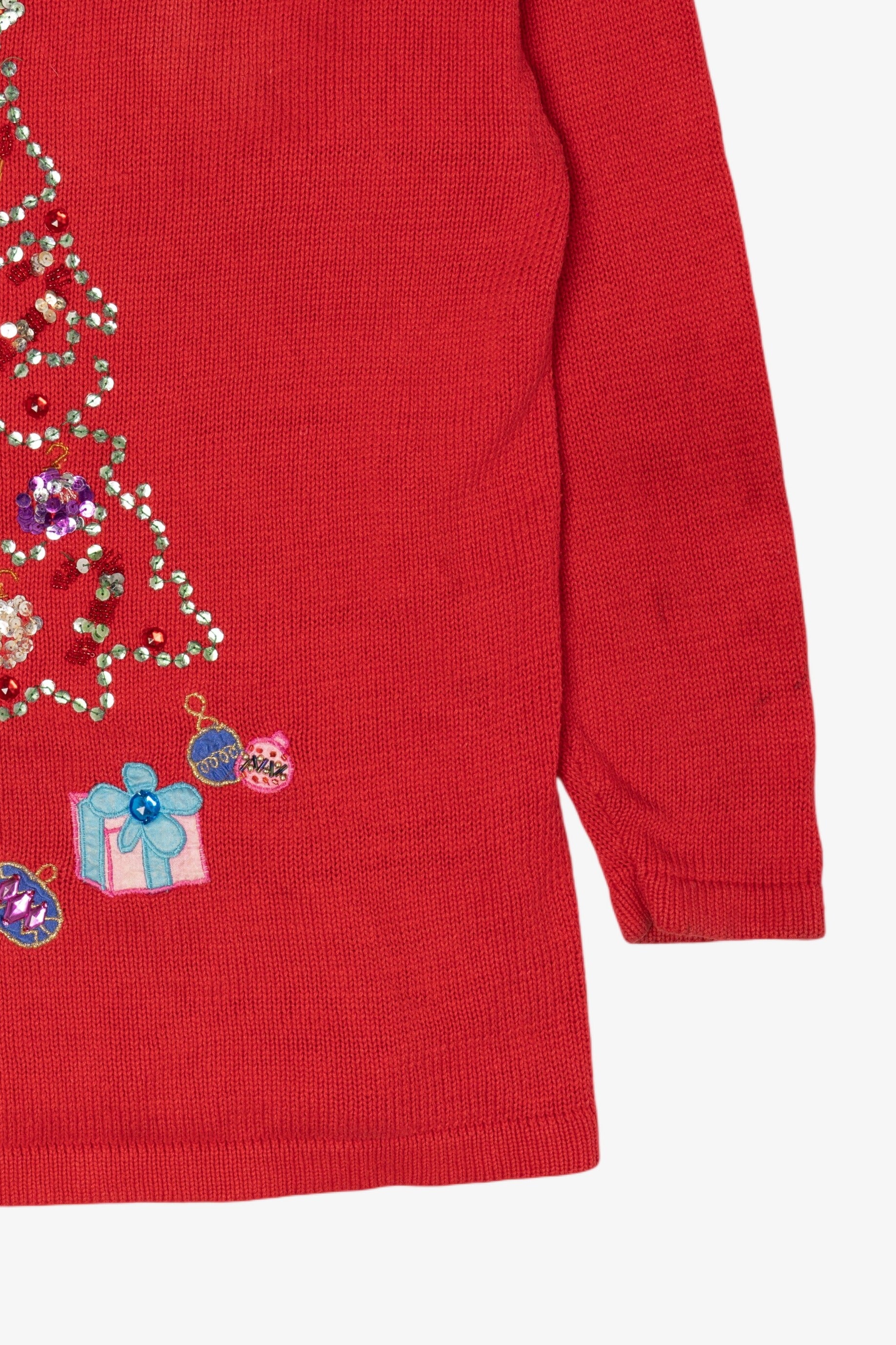 Vintage Red Work in Progress Tree Ugly Christmas Pullover (2000s)