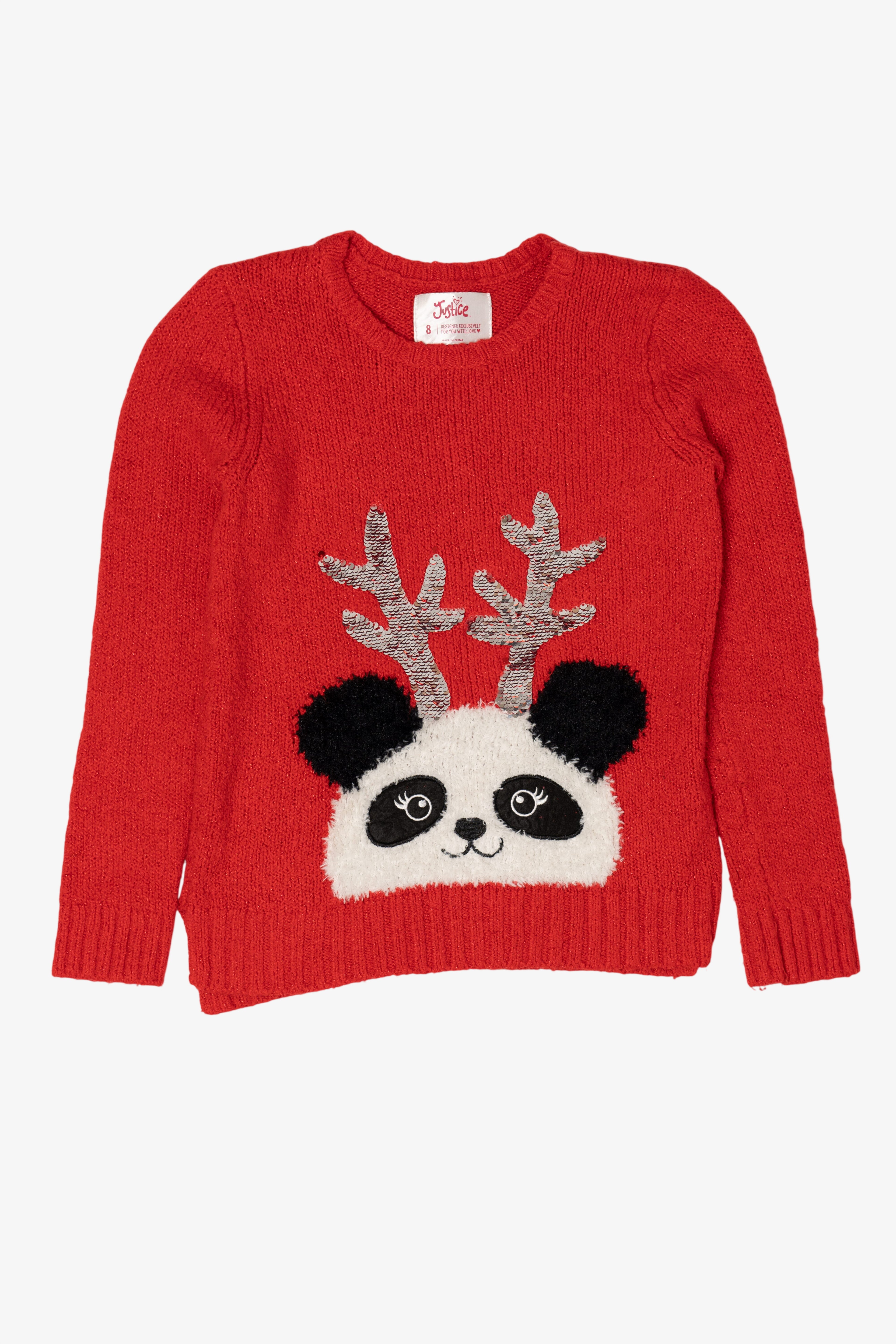 Kids Red Justice Panda Bear Reindeer Ugly Christmas Pullover (2010s)