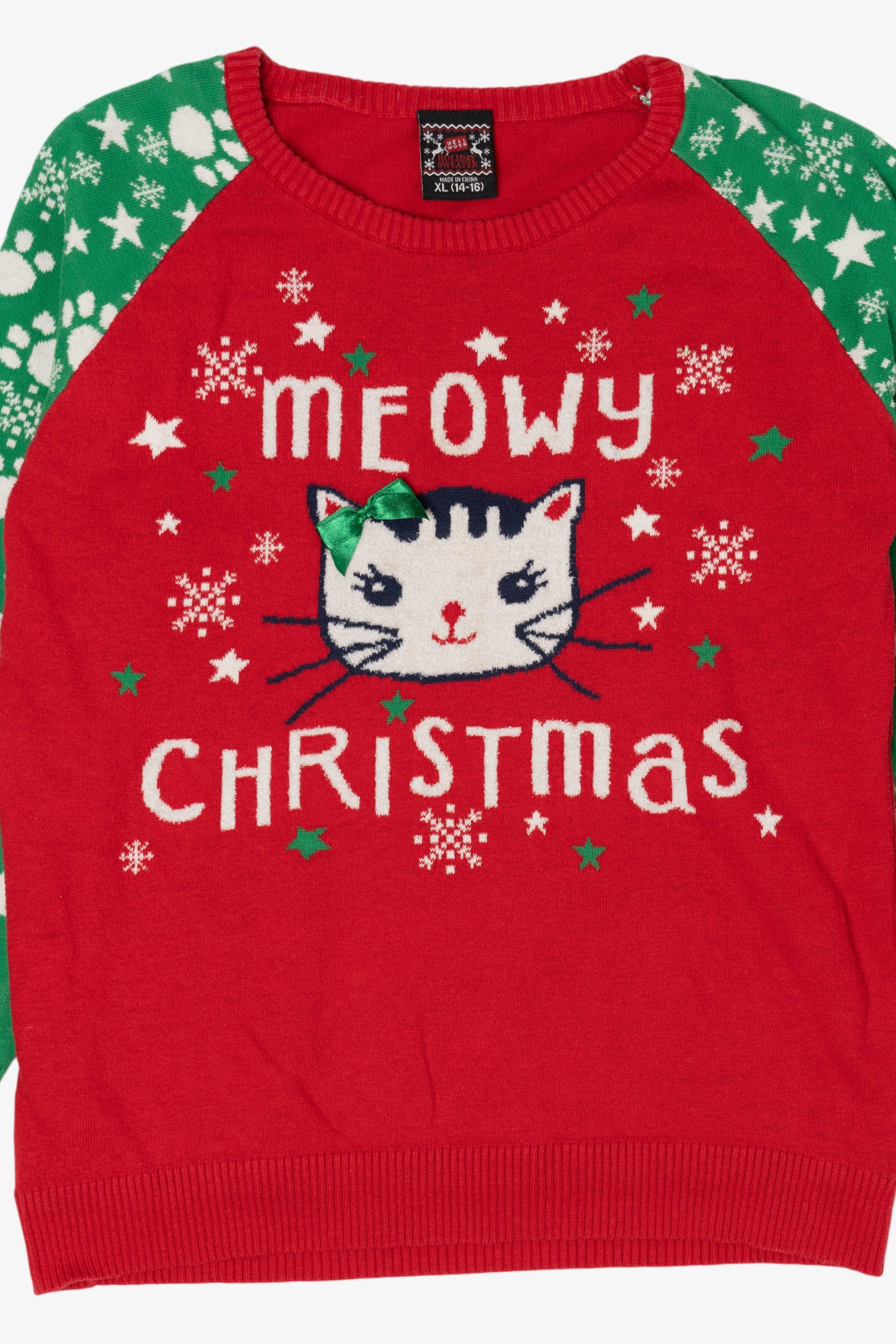 Kids Red "Meowy Christmas" Cats Ugly Christmas Pullover (2010s)