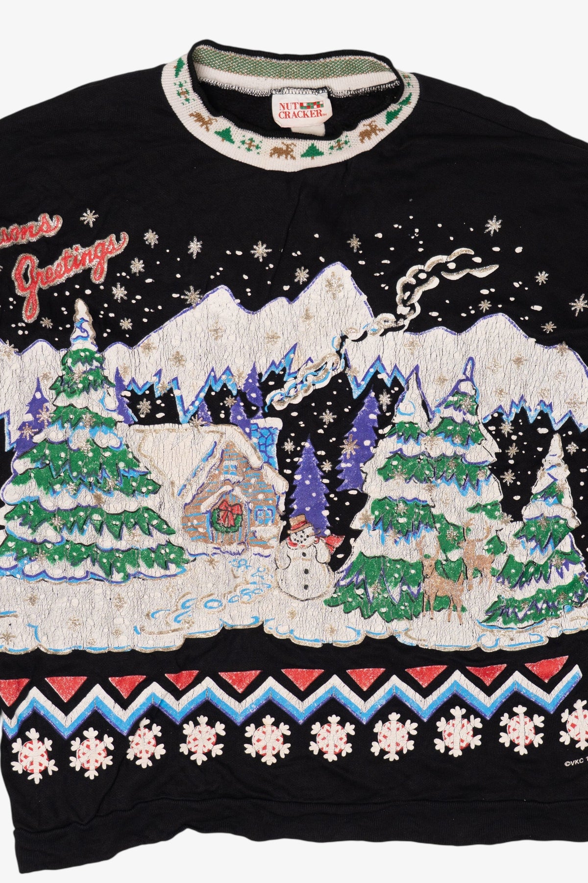 Vintage Black Nutcracker "Seasons Greeting" Winter Cabin Ugly Christmas Sweatshirt (1980s)