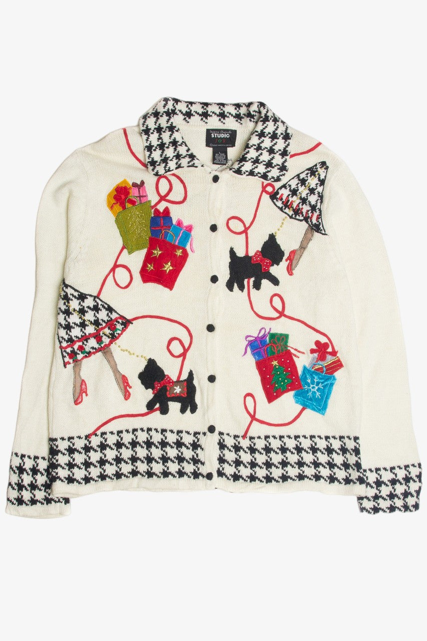 Houndstooth Terriers Vintage White Ugly Christmas Cardigan 62385