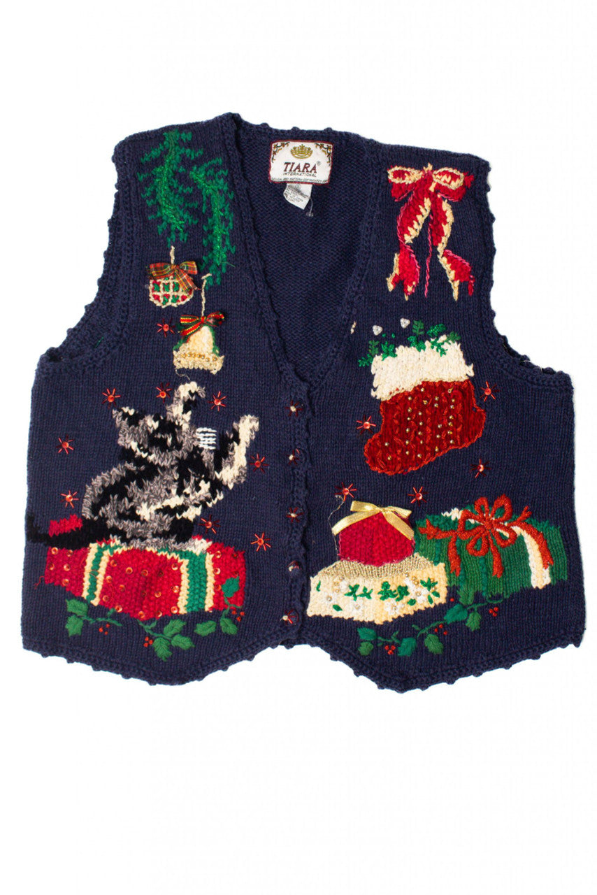 Blue Kitty Playing With Bell Ugly Christmas Vest 59433