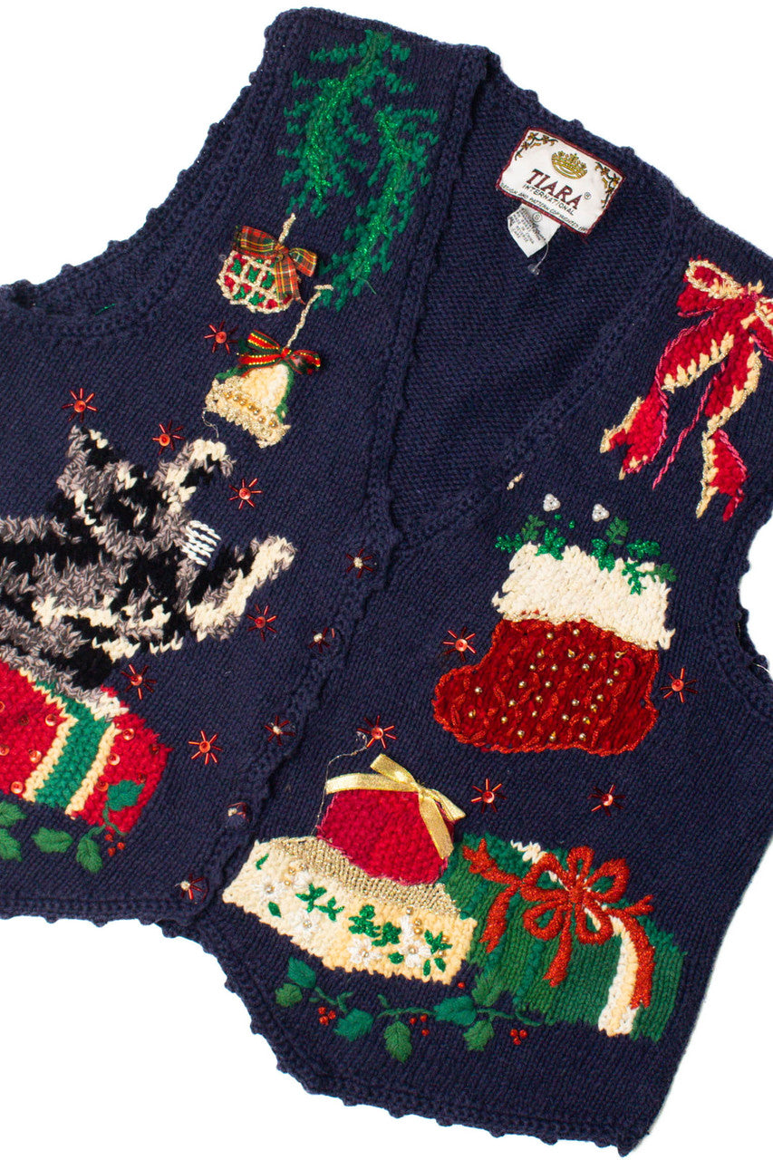 Blue Kitty Playing With Bell Ugly Christmas Vest 59433