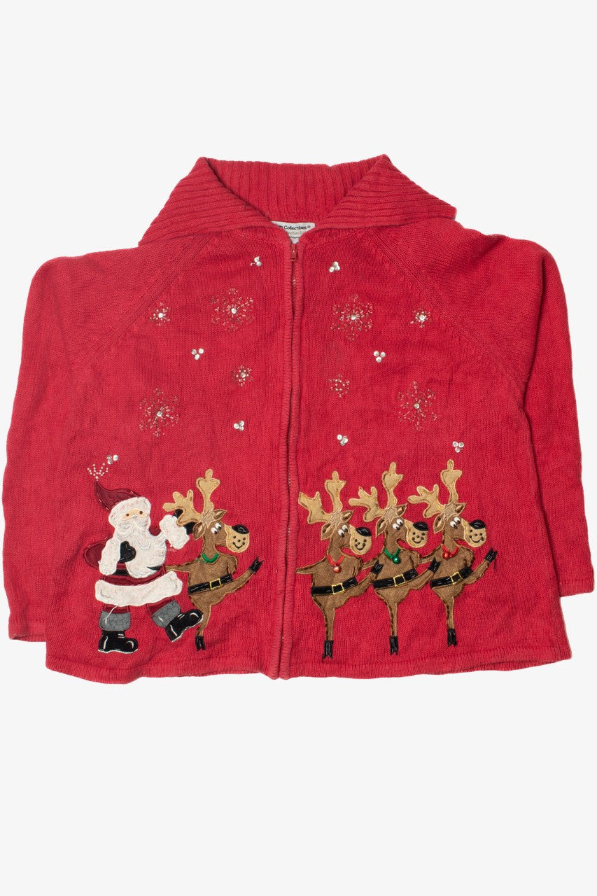 Vintage Santa & Reindeer Ugly Christmas Zip Up Cardigan Sweater
