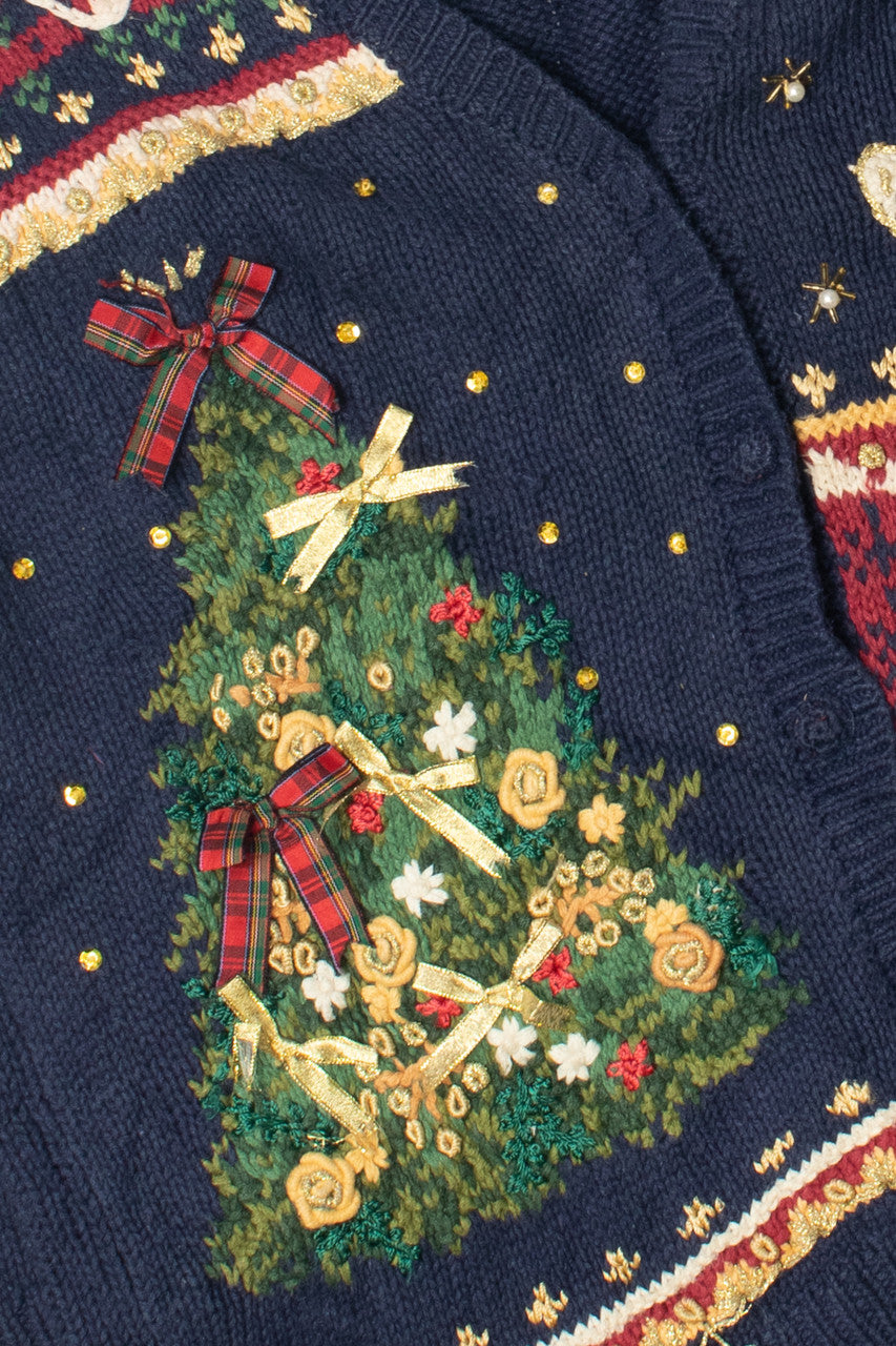 Vintage Santa & Christmas Tree Ugly Christmas Cardigan Sweater 59543