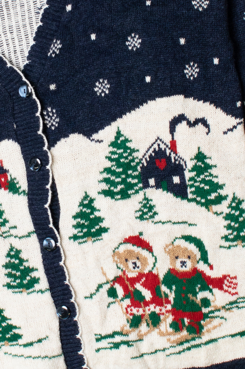 Skiing Bears Navy Ugly Christmas Sweater Cardigan 61355