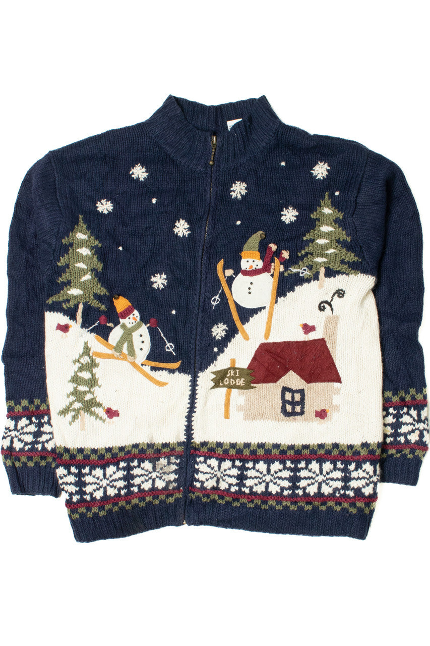 Skiing Snowmen Ugly Christmas Zip-Up Cardigan Sweater 61385