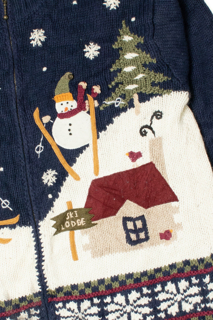 Skiing Snowmen Ugly Christmas Zip-Up Cardigan Sweater 61385