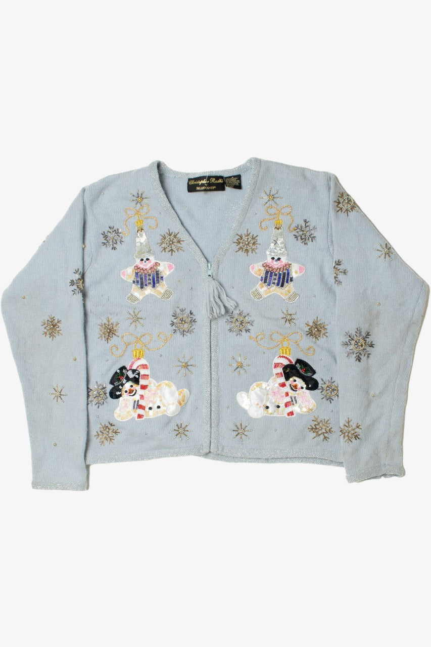 Pale Blue Beaded Snowmen Ugly Christmas Zip-Up Cardigan 61392