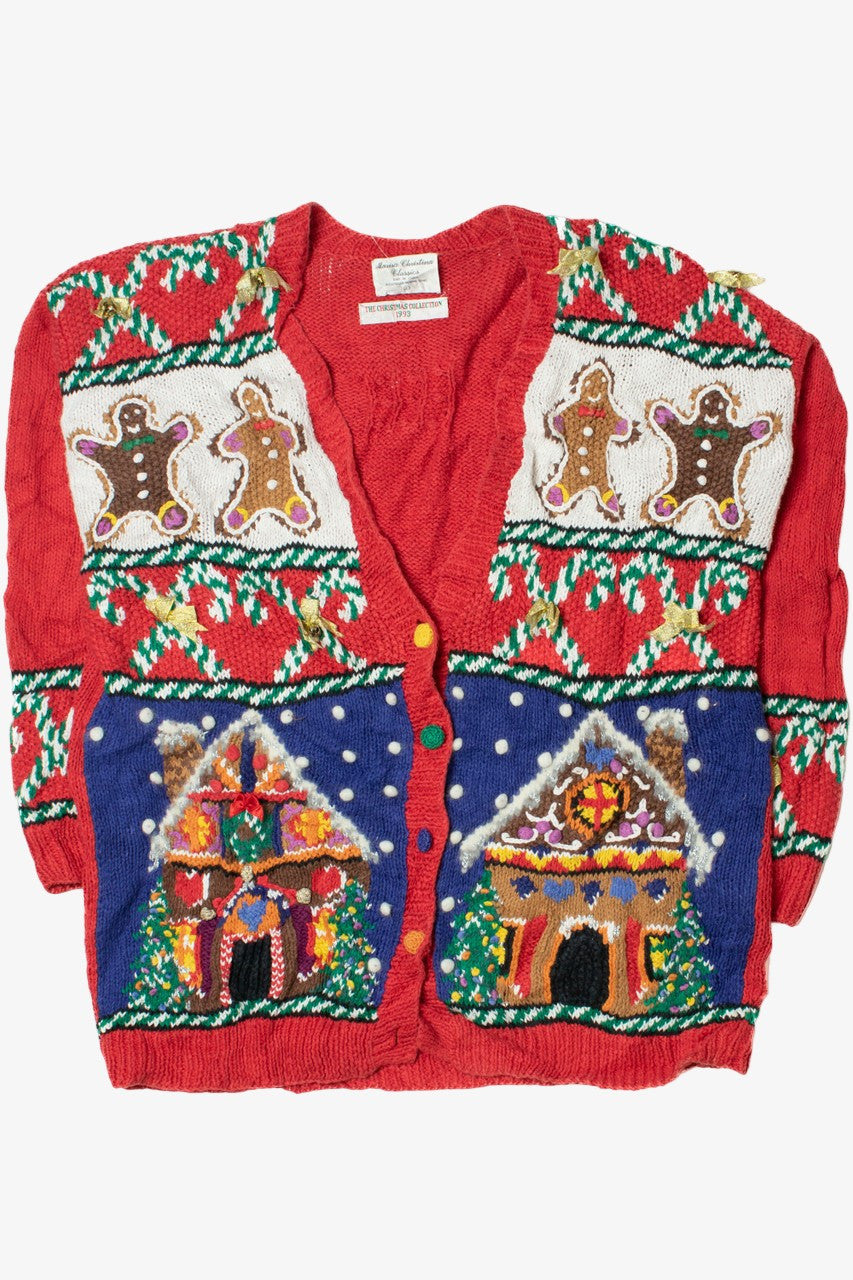 Vintage Gingerbread Houses Ugly Christmas Cardigan Sweater (1993)
