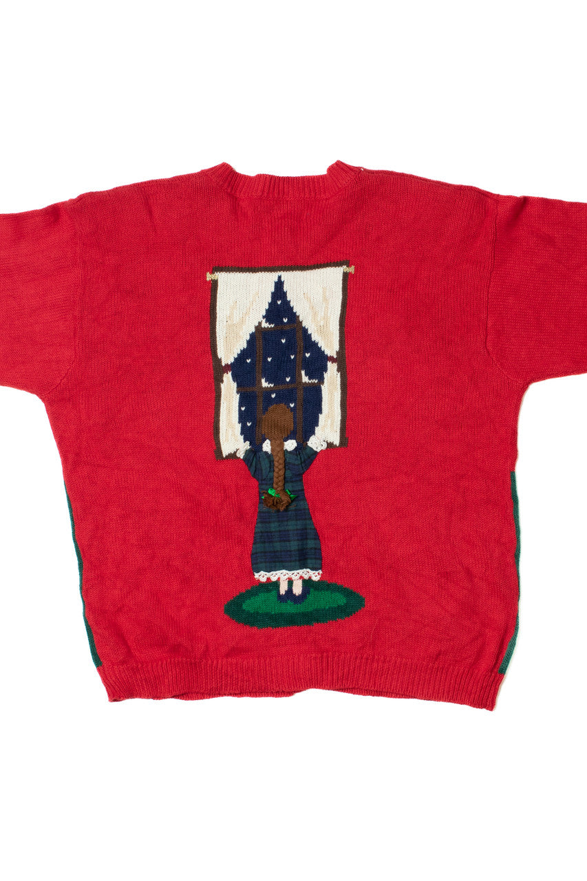 Hand Knit Christmas Night Fireplace Scene Ugly Christmas Cardigan 61456