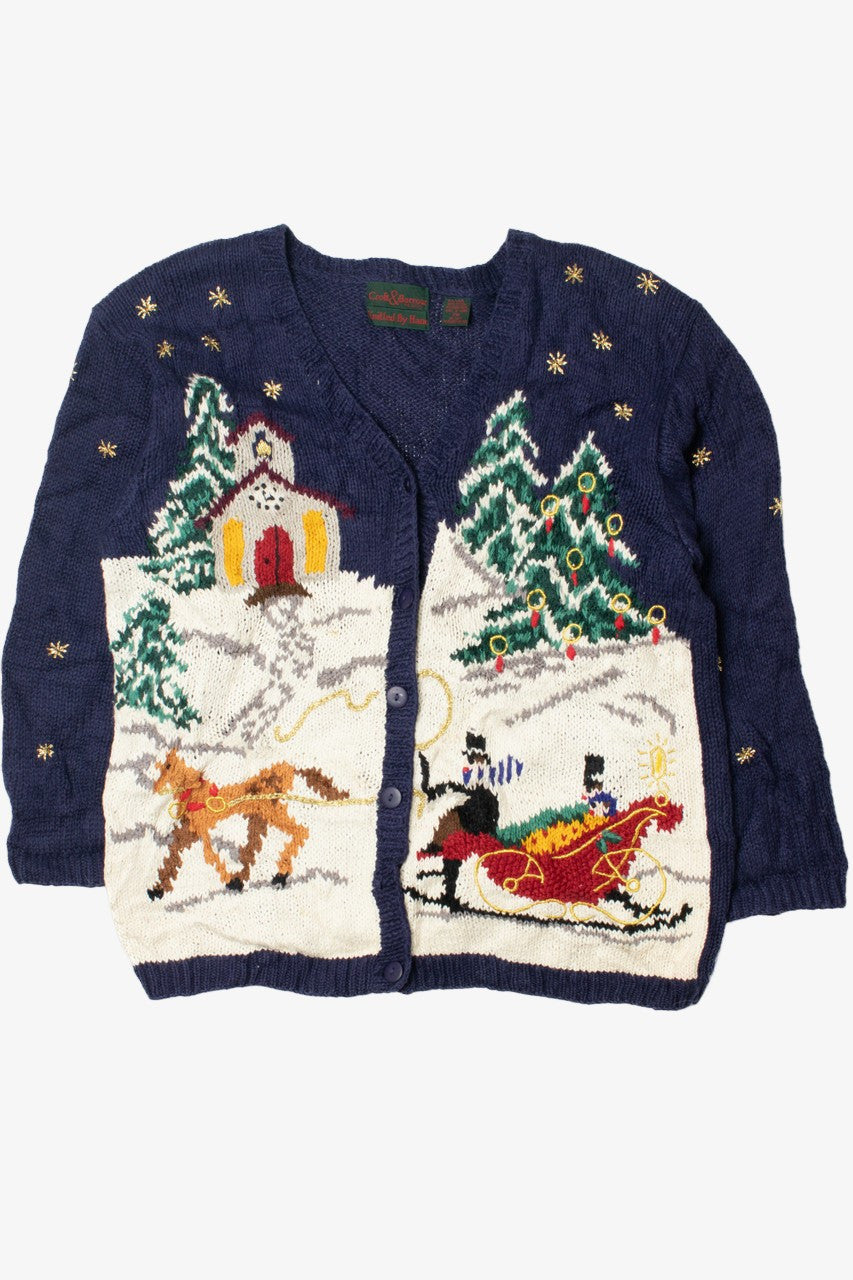 Vintage Church Snowy Landscape Hand Knit Ugly Christmas Sweater