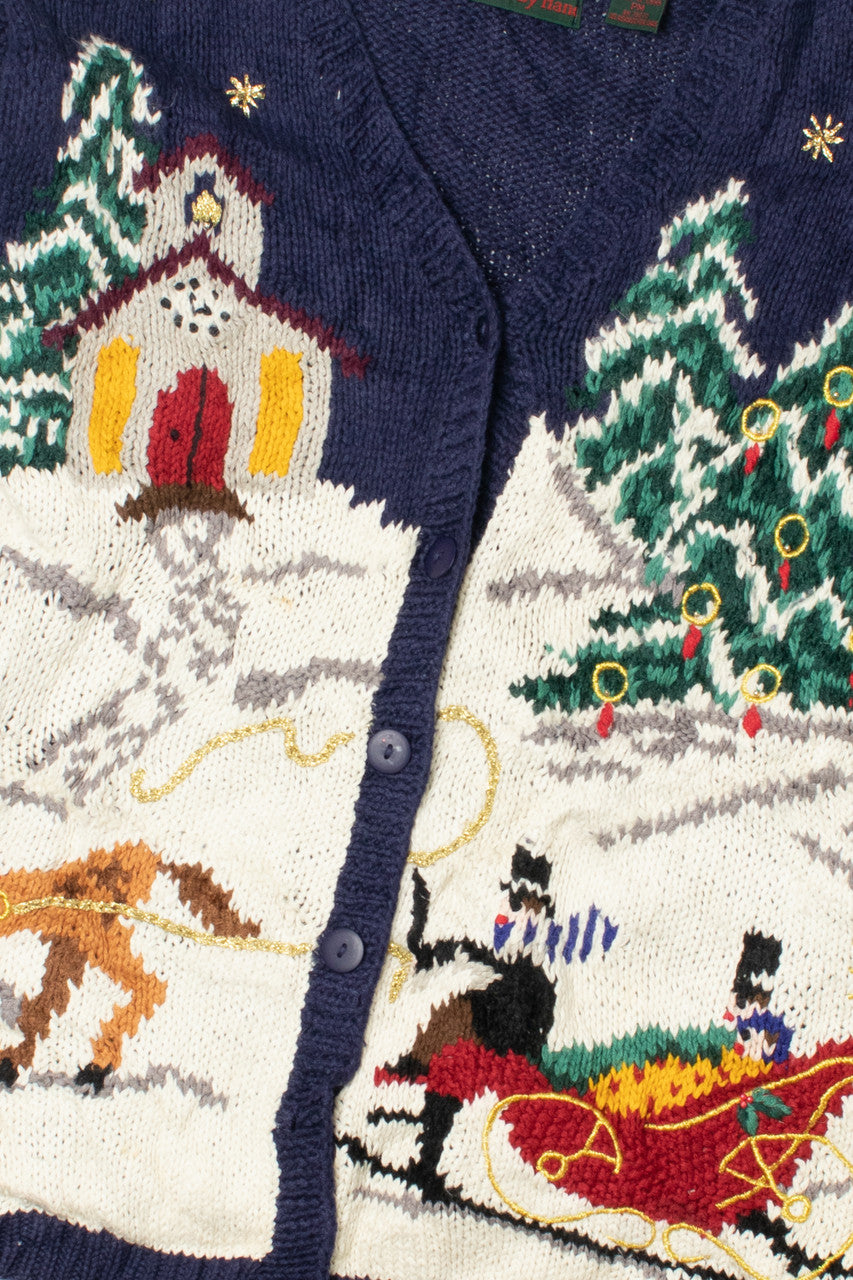 Vintage Church Snowy Landscape Hand Knit Ugly Christmas Sweater