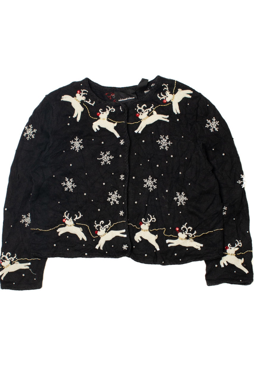 Vintage Pearlescent Beaded Reindeer Michael Simon Ugly Christmas Sweater
