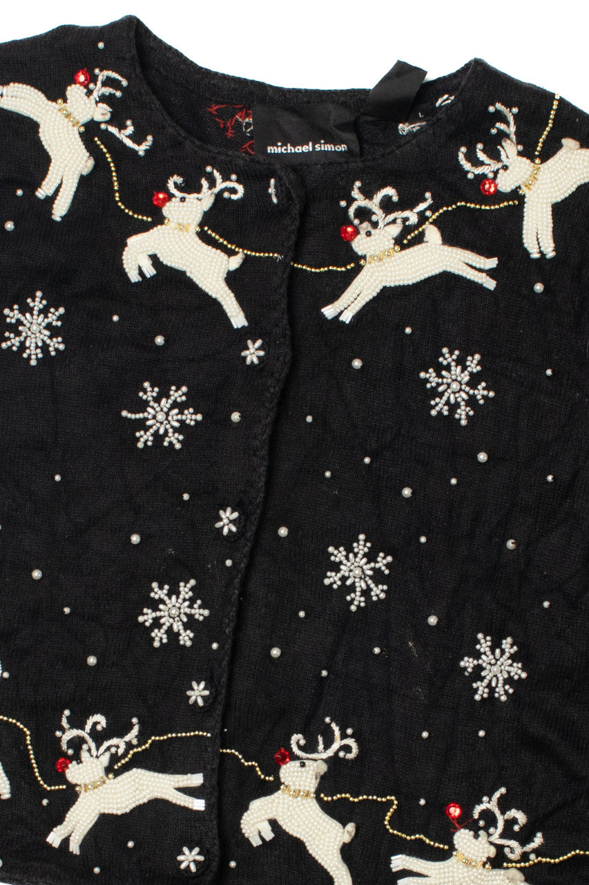 Vintage Pearlescent Beaded Reindeer Michael Simon Ugly Christmas Sweater