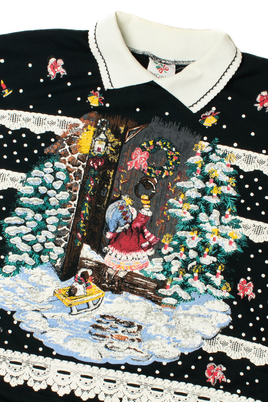 Holiday Scene Embossed Print Ugly Christmas Sweatshirt 62226