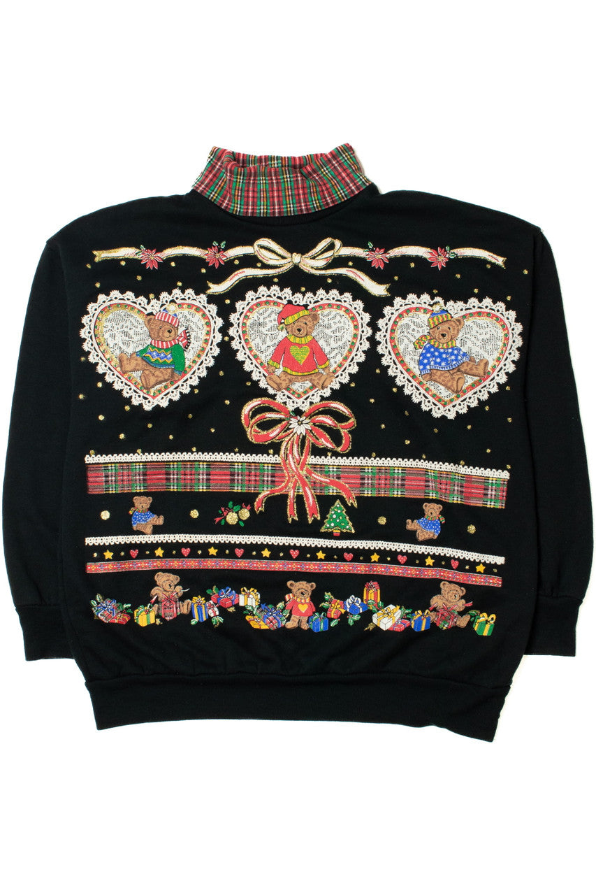 Vintage Bears & Bows Embossed Print Ugly Christmas Sweater