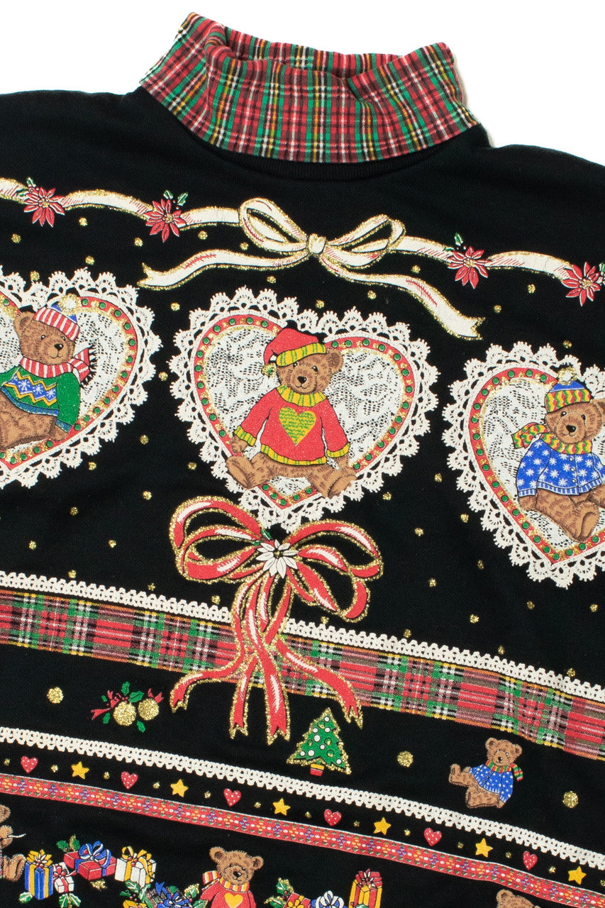 Vintage Bears & Bows Embossed Print Ugly Christmas Sweater
