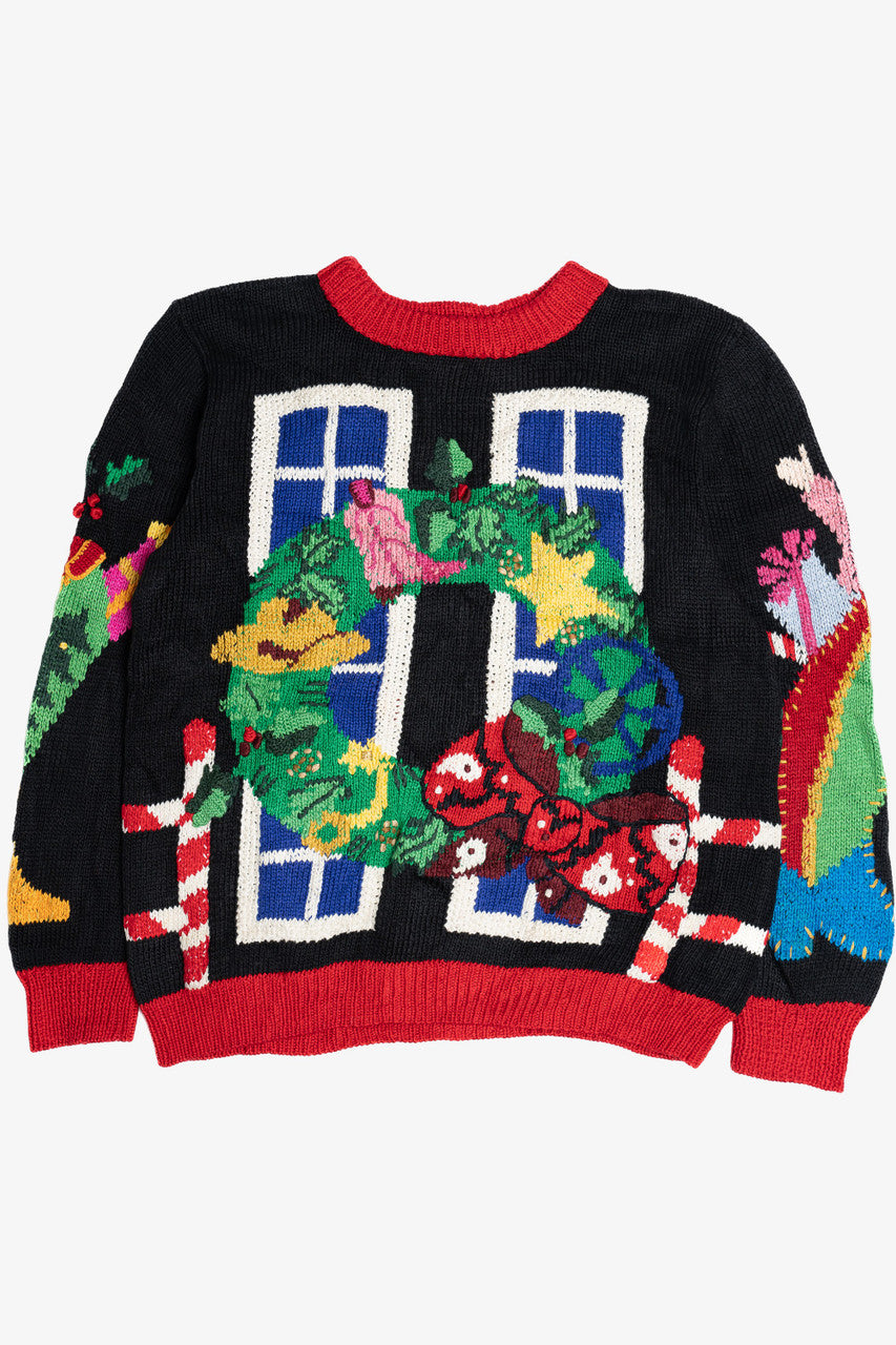 Vintage Pink Cowboy Boot Cowboy Santa Hand Knit Ugly Christmas Sweater (1990s)
