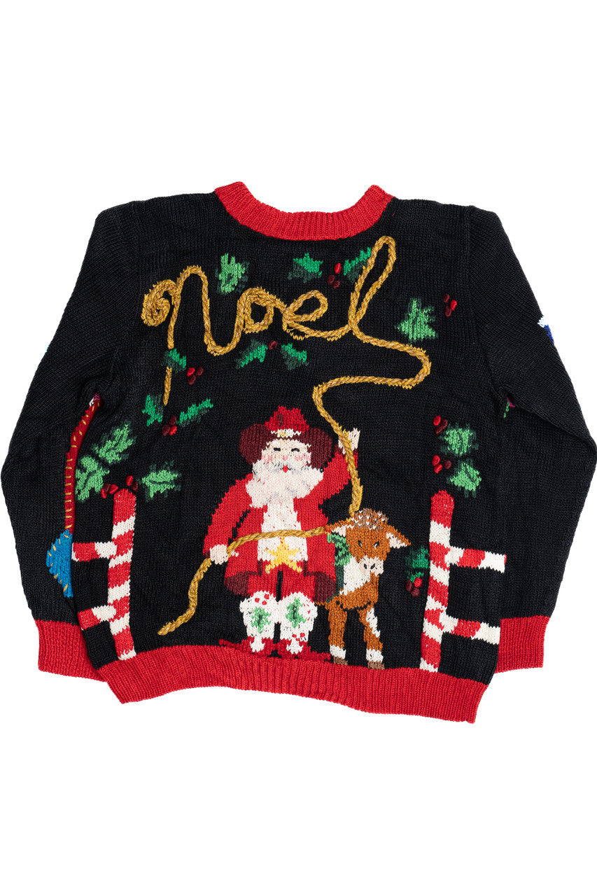 Vintage Pink Cowboy Boot Cowboy Santa Hand Knit Ugly Christmas Sweater (1990s)