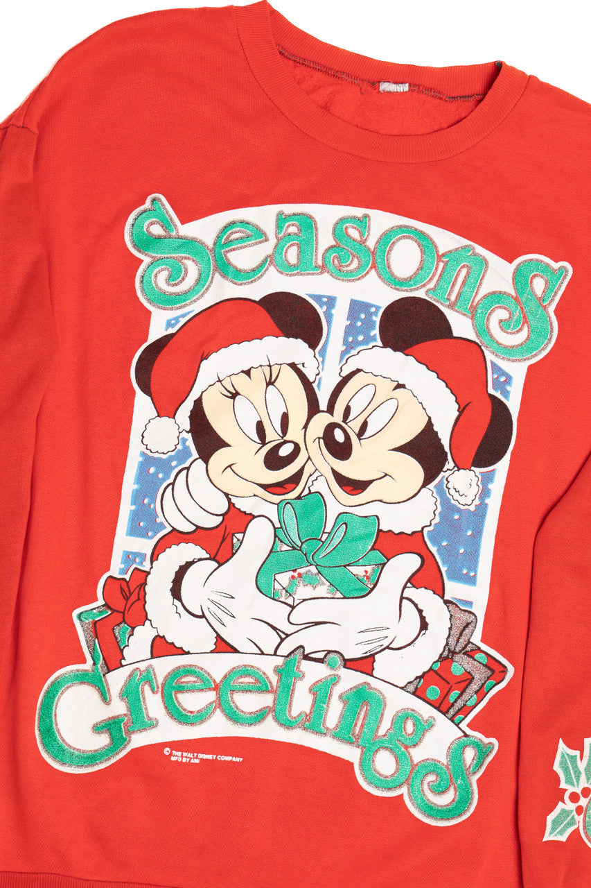 Vintage "Seasons Greetings" Mickey & Minnie Mouse Ugly Christmas Sweatshirt (1990s)