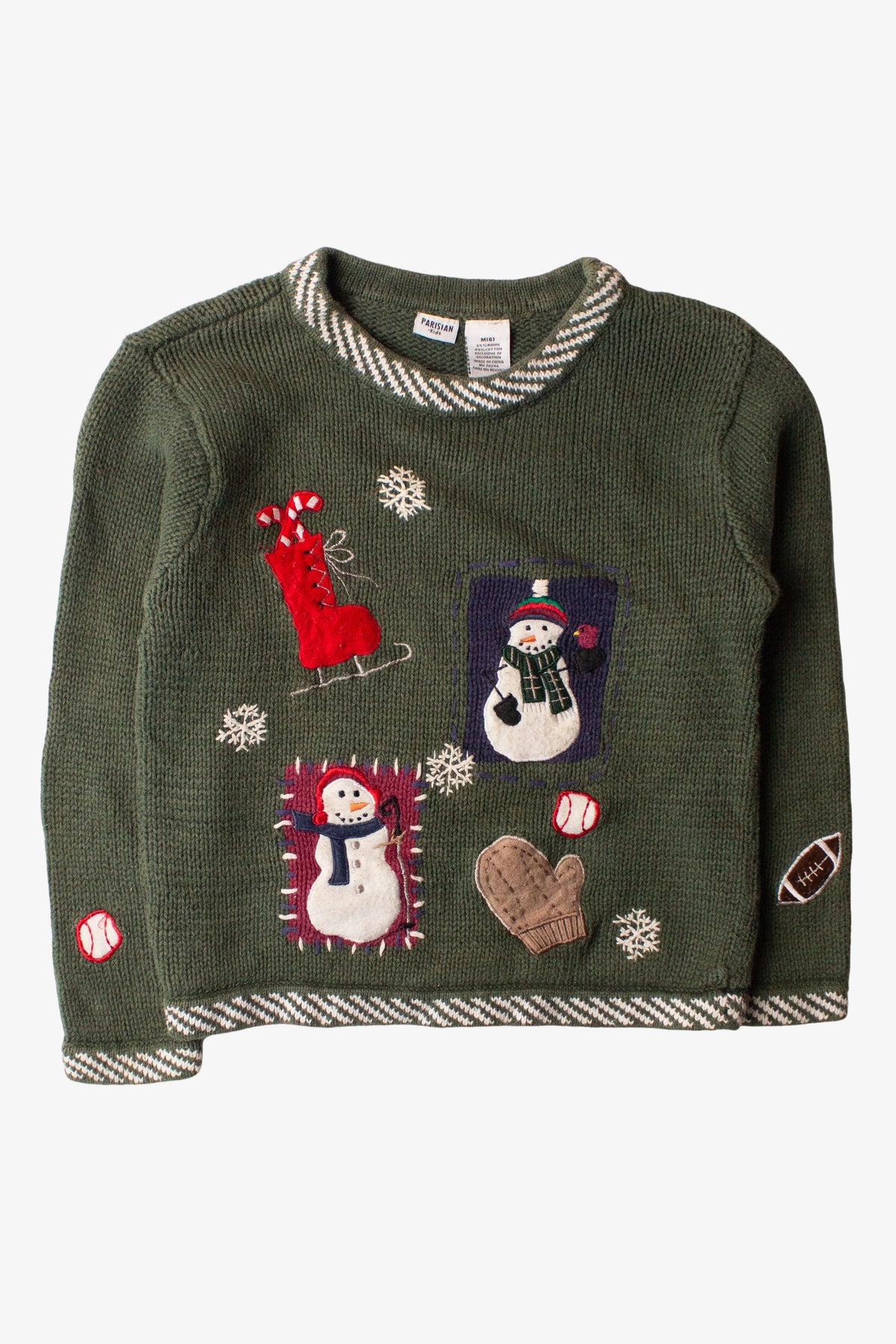 Kids green Christmas pullover sweater with snowmen, ice skate, mitten, and baseball themed decorations