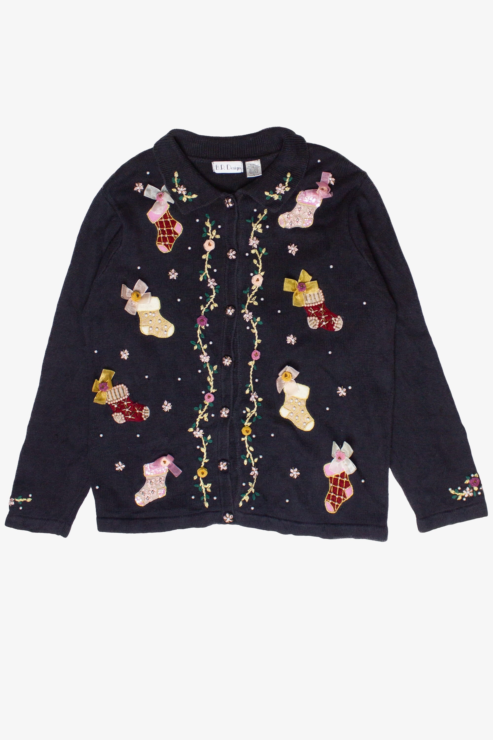 Vintage Rose and Bow Stockings Ugly Christmas Sweater