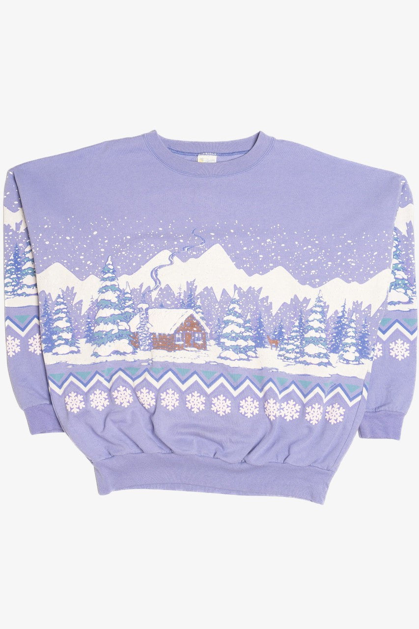 Lavender Snowy Cabin Landscape Ugly Christmas Sweatshirt 64065