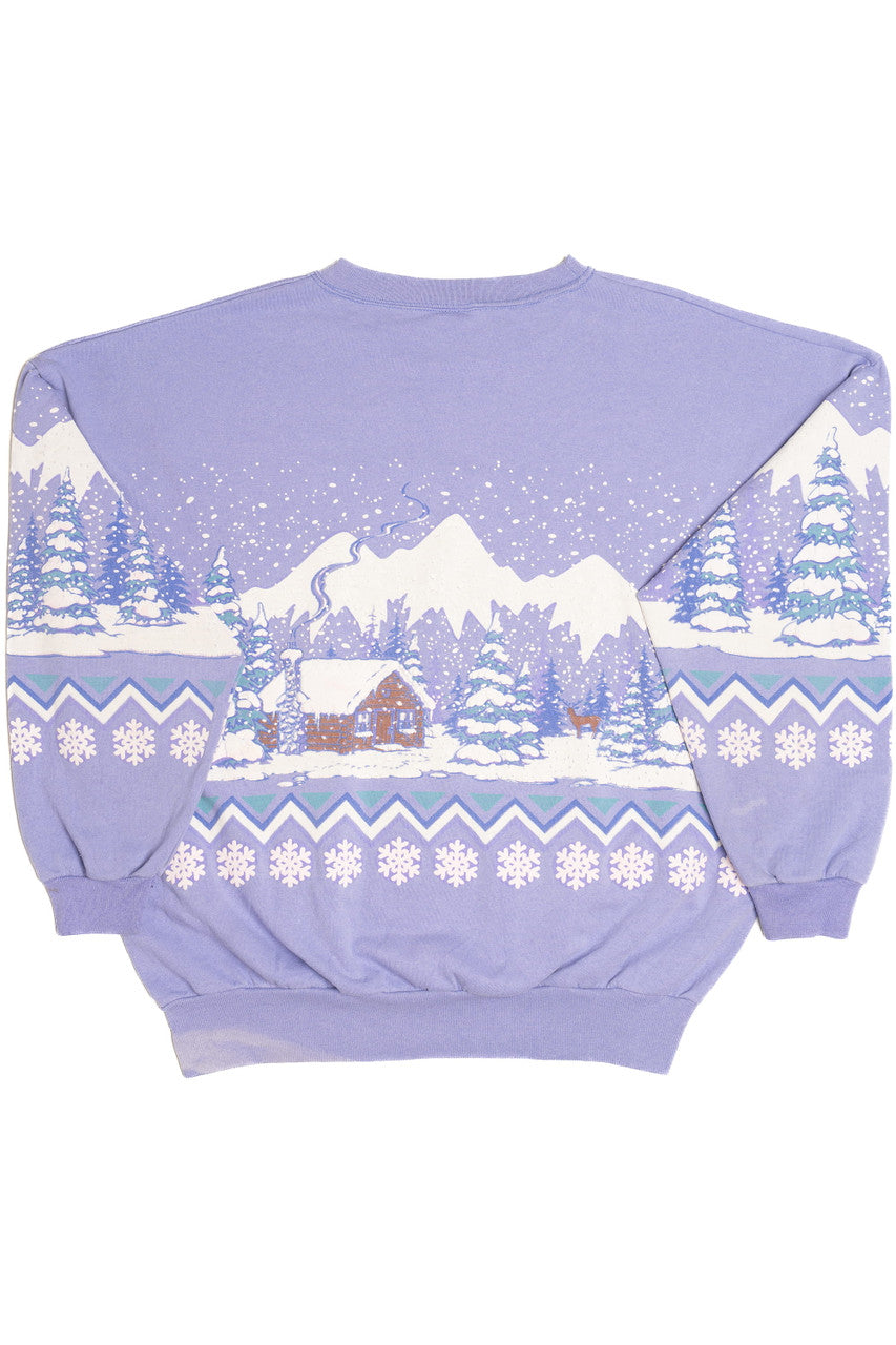 Lavender Snowy Cabin Landscape Ugly Christmas Sweatshirt 64065