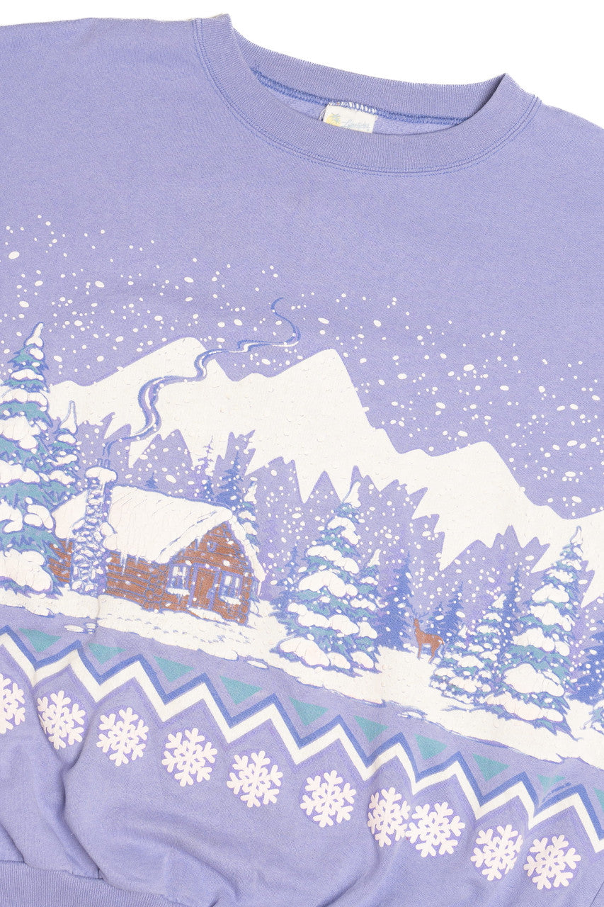 Lavender Snowy Cabin Landscape Ugly Christmas Sweatshirt 64065