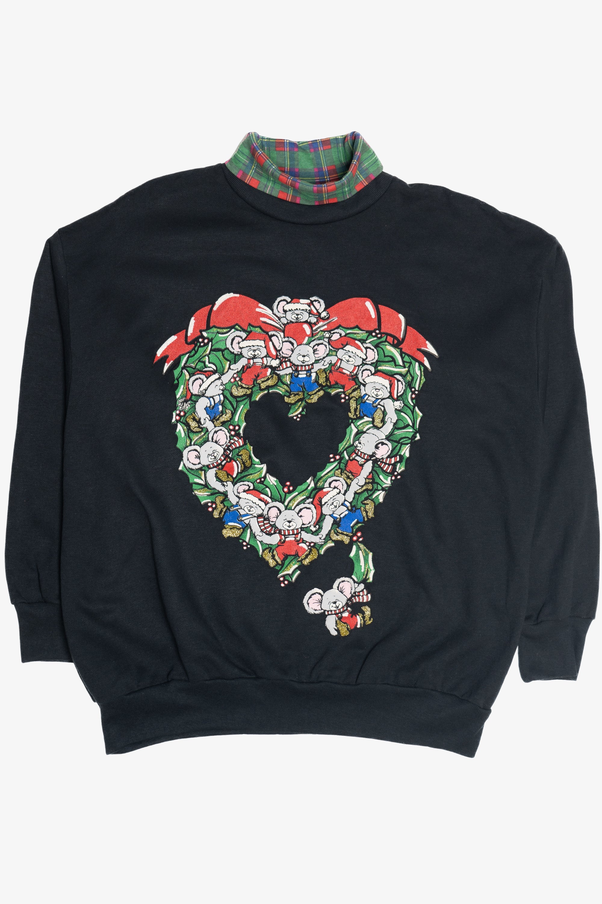 Vintage Christmas Mice Heart Wreath Turtleneck Sweatshirt (1980s)