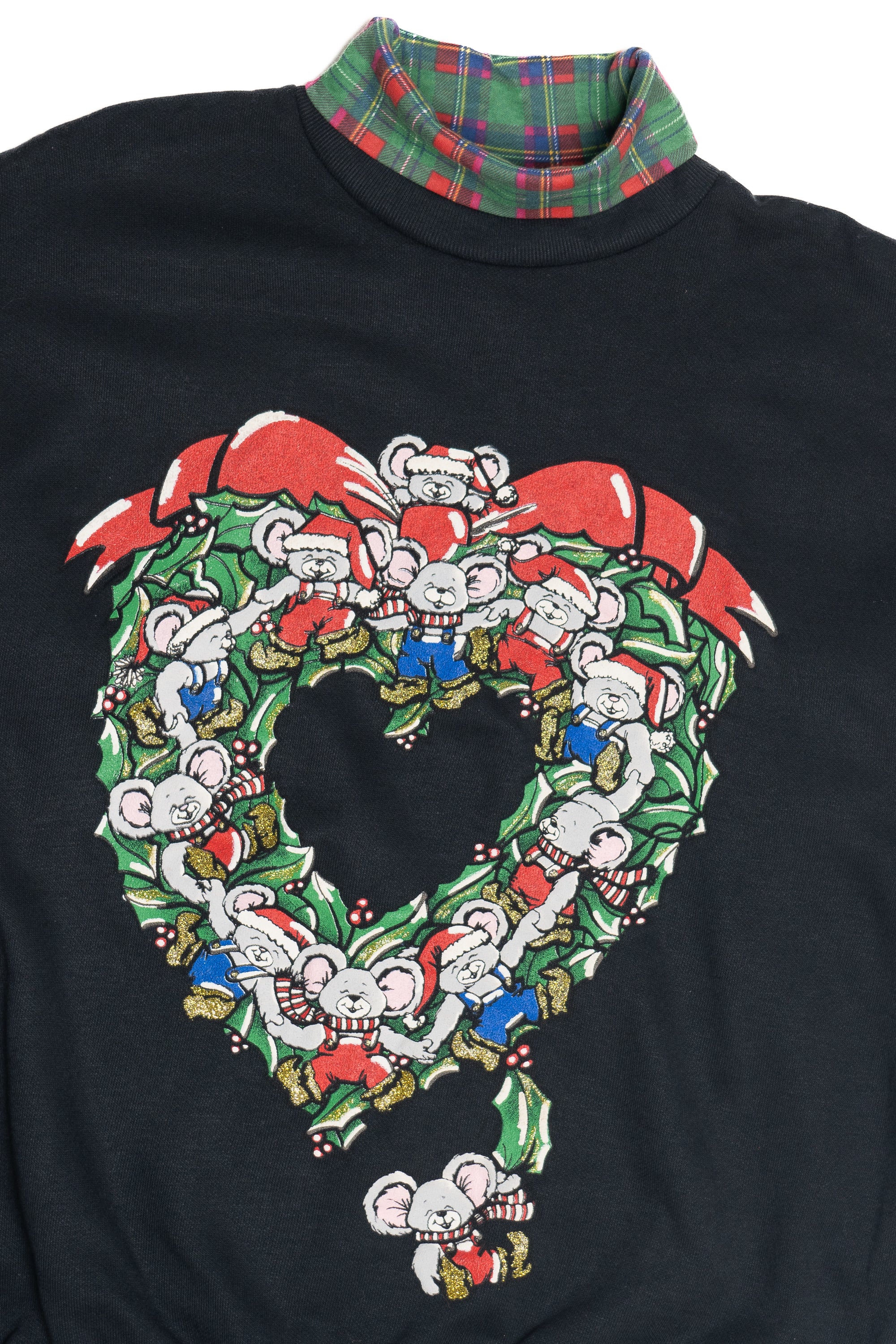 Vintage Christmas Mice Heart Wreath Turtleneck Sweatshirt (1980s)
